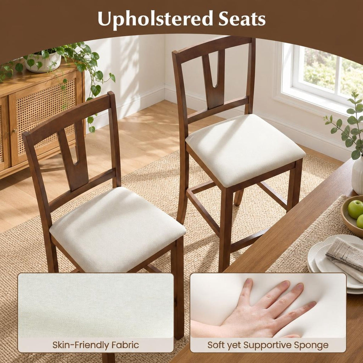 Airfind Counter Height Bar Stools with Contoured V-back-set of 2, Stool 330 lbs Capacity, Rubber Wood Faux Linen Fabric Sponge Frame, Unspecified