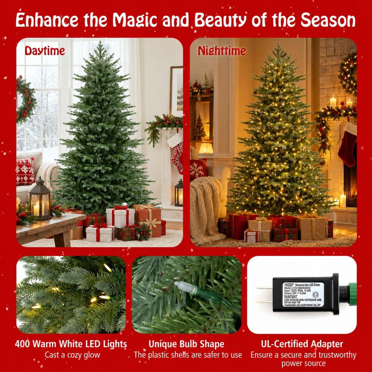 Airfind 7 Feet Artificial Christmas Tree with 3156 Lush PVC Branch Tips and 400 Warm White LED Lights, PVC PE Metal Frame, Green