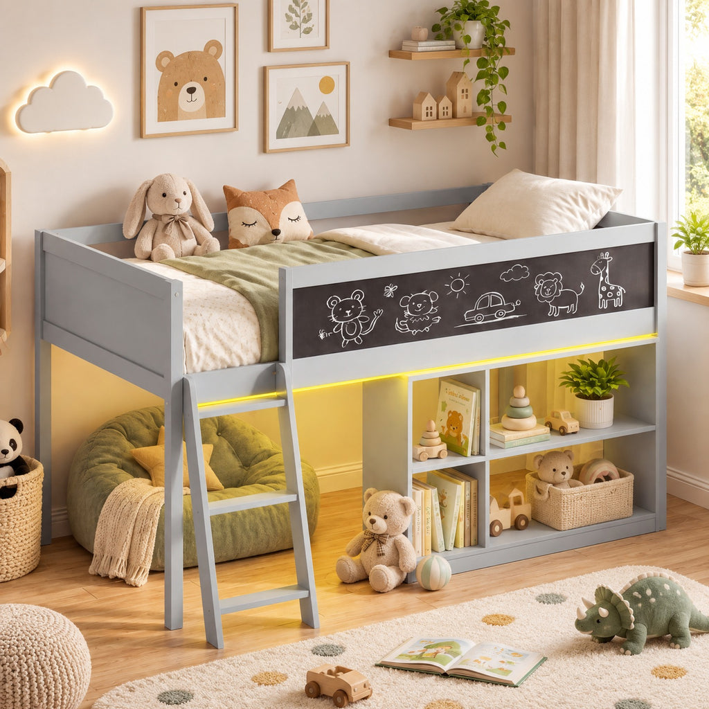 Airfind Twin Size Kids Loft Bed with LED Lights and Removable Bookcase, 350 lbs Capacity, Solid Wood Plywood Engineered Wood Frame, Gray