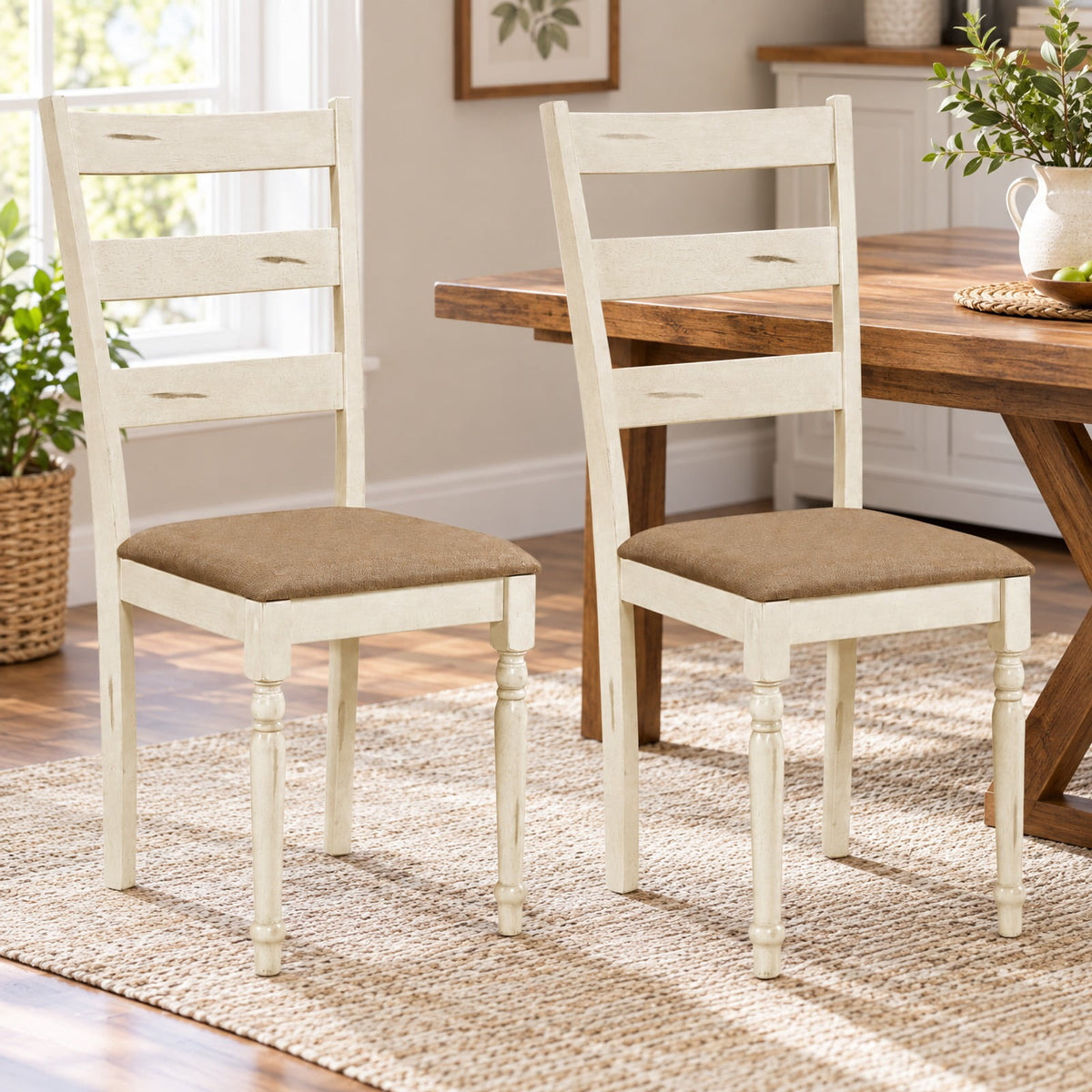 Airfind Rubber Wood Dining Chairs Set of 4 with Padded Linen Seat and Slatted Backrest, 330 lbs Capacity, Rubber Wood Sponge Fabric Frame, White