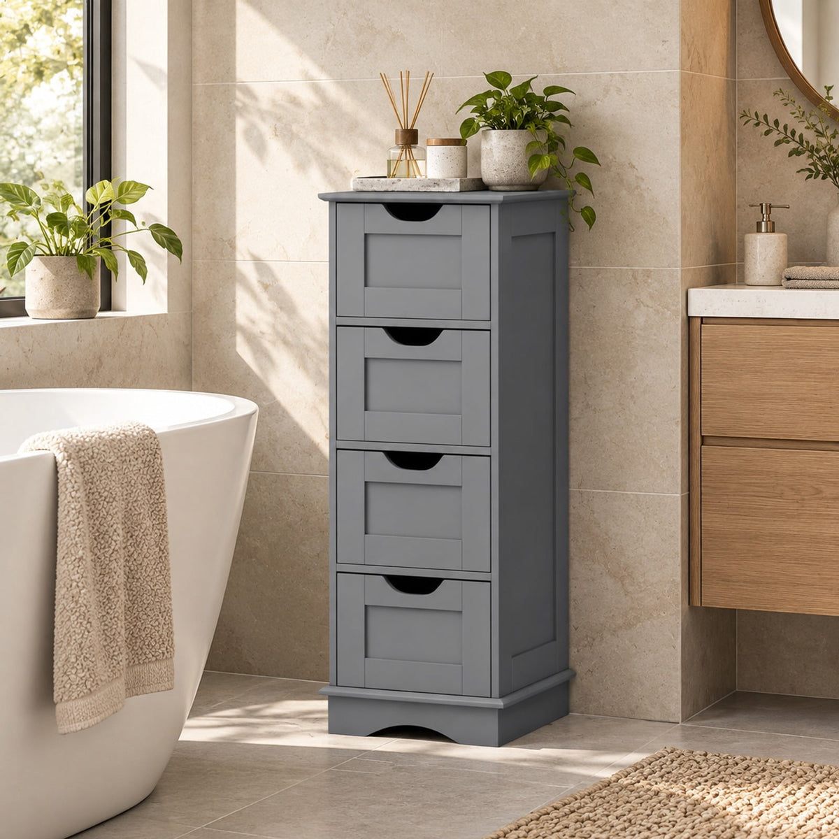 Airfind Bathroom Storage Cabinet, with Cutout Handles and 4 Drawers, 33 lbs Capacity, MDF Frame, 12 Inch x 12 Inch x 32 Inch Footprint, Gray