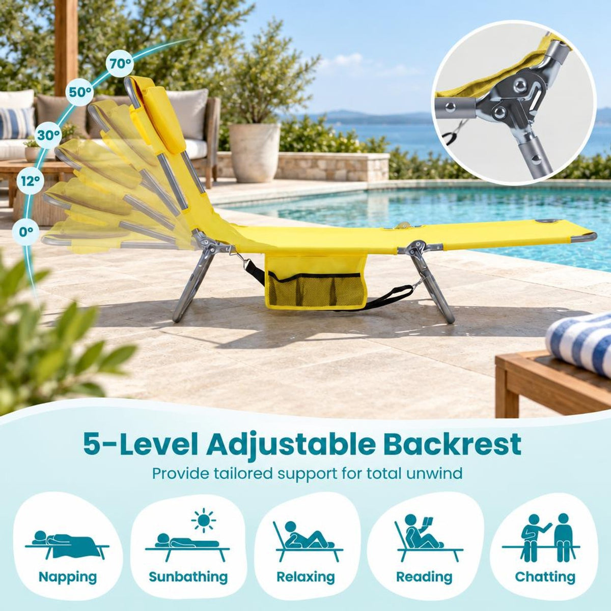 Airfind Folding Beach Lounge Chair with Adjustable Backrest for Lawn, 330 lbs Capacity, Metal Oxford Fabric Polyester Sponge Frame, Yellow