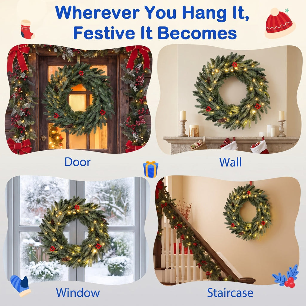 Airfind 24 Pre-lit Christmas Wreath Front Door Artificial Xmas Wreath with 90 Frosted Branch Tips, PVC PE Metal Frame, 24 x 24 Footprint, Green