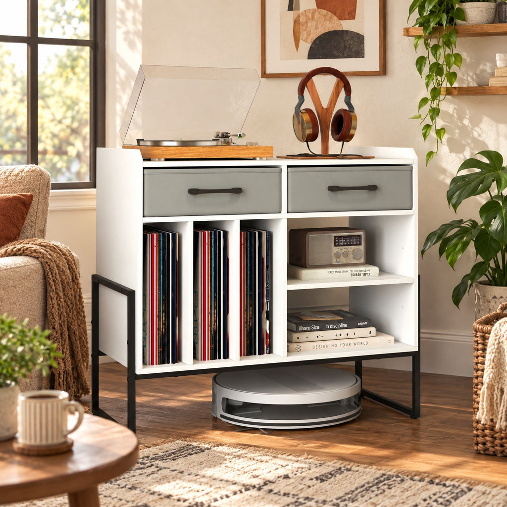 Airfind Large Record Player Stand with Charging Station Mid Century Modern Vinyl Storage Cabinet, 209 lbs Capacity, 30in x 14in x 27in Inside Footprint