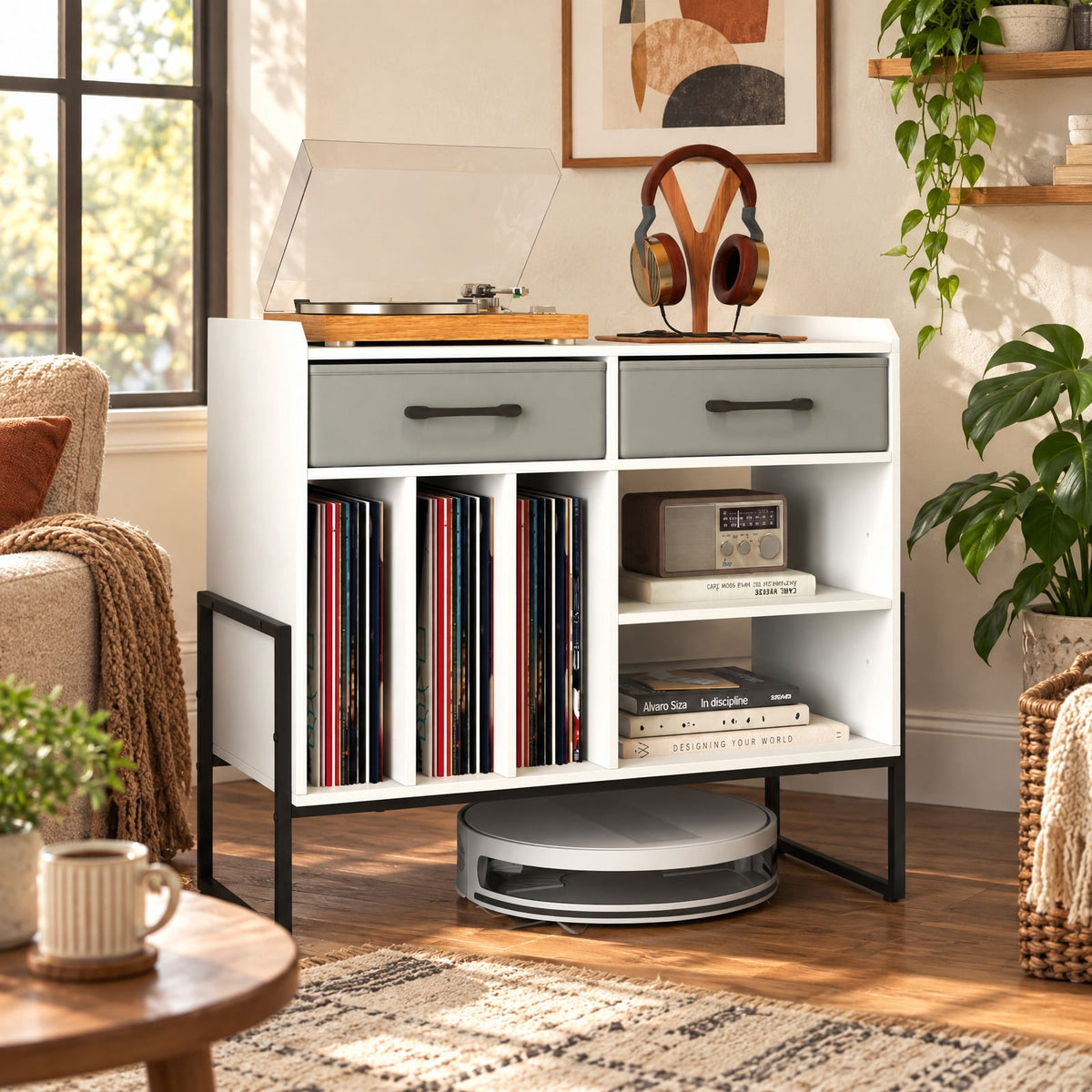 Airfind Large Record Player Stand with Charging Station Mid Century Modern Vinyl Storage Cabinet, 209 lbs Capacity, 30in x 14in x 27in Inside Footprint