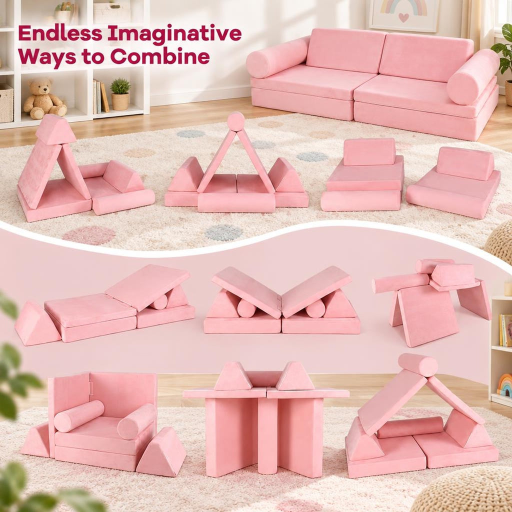 Airfind 8 Pieces Kids Play Couch Foam Building Fort Play Set with Suede Cover, Suede Fabric Sponge Frame, 63in x 31.5in x 19.5in Footprint, Pink