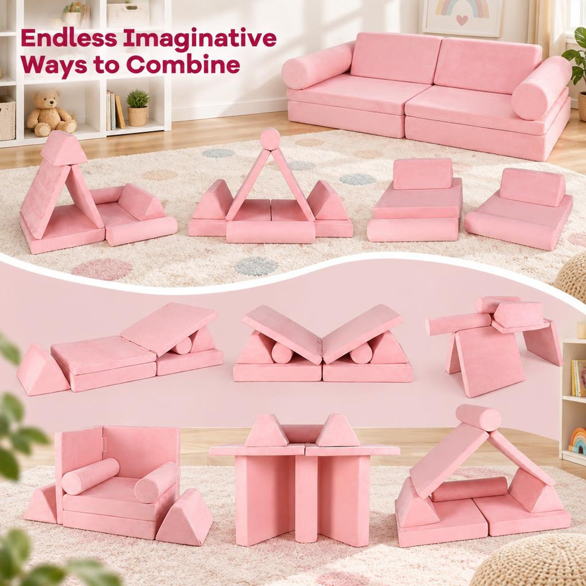 Airfind 8 Pieces Kids Play Couch Foam Building Fort Play Set with Suede Cover, Suede Fabric Sponge Frame, 63in x 31.5in x 19.5in Footprint, Pink