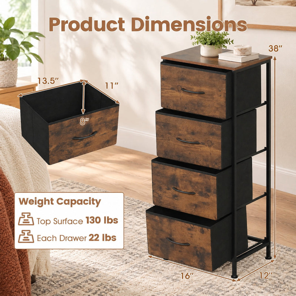 Airfind Dresser Nightstand with 4 Roomy Fabric Drawers and Metal Frame, 130 lbs Capacity, Metal Engineered Wood Non-Woven Fabric Frame, Brown