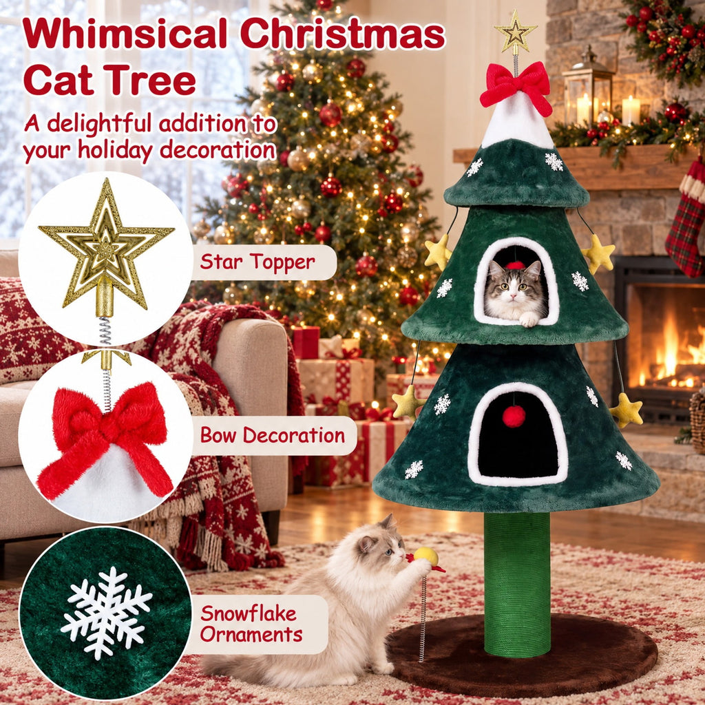 Airfind 54 Inch Christmas Cat Tree featuring 2 Private Condos for Indoor Cats, 22 lbs Capacity, Plush Fabric Frame, 23 Inch x 23 Inch x 54 Inch Footprint, Green