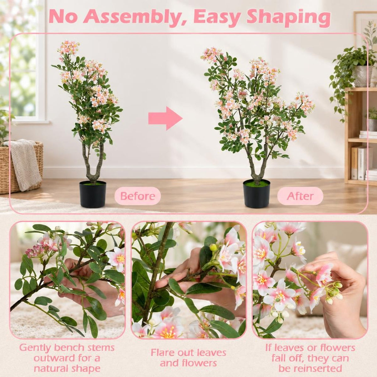 Airfind 36 Inch Set of 2 Artificial Impatiens Tree with Mini Fruits and Silk Flowers, PP PE Cement Silk Fabric Height 36 Inch Frame, Pink