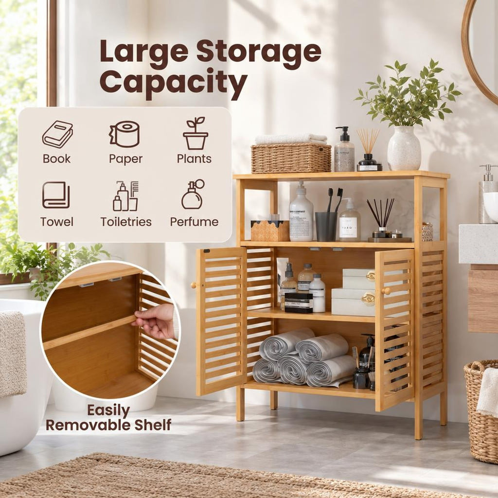 Airfind Bamboo Bathroom Floor Storage Cabinet with Shutter Doors, 145 lbs Capacity, Bamboo MDF Frame, Natural
