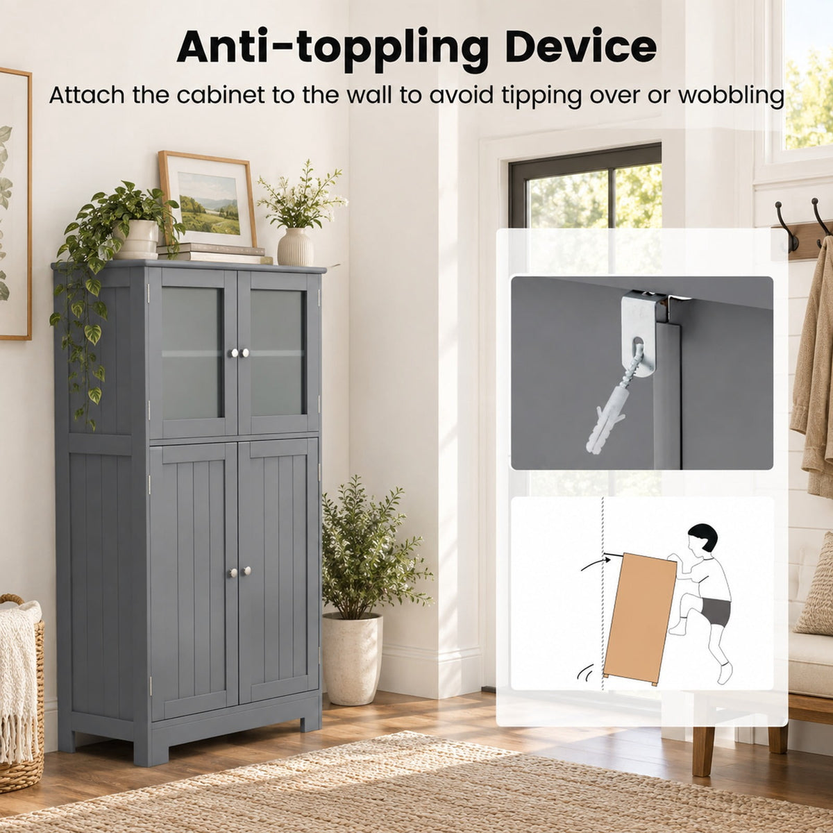Airfind Bathroom Floor Storage Locker Kitchen Cabinet with Doors and Adjustable Shelf, MDF Frame, 23 x 12 x 43 inch Footprint, Gray