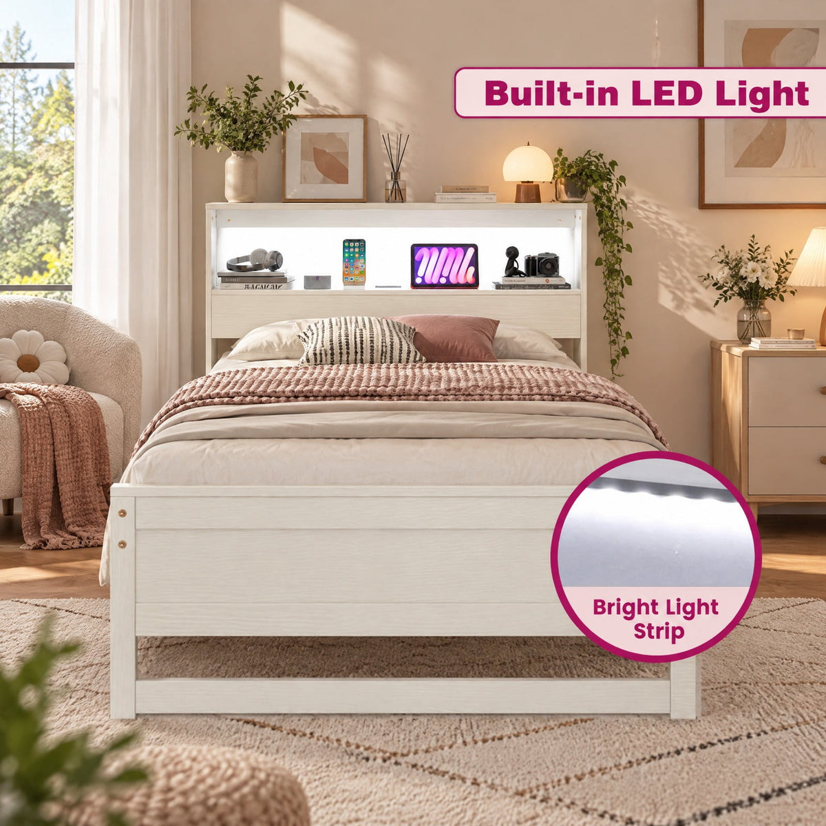 Airfind Twin Size Bed Frame with Storage Headboard and Charging Station, 200 lbs Capacity, Plywood Pine Wood MDF Engineered Wood Frame, White