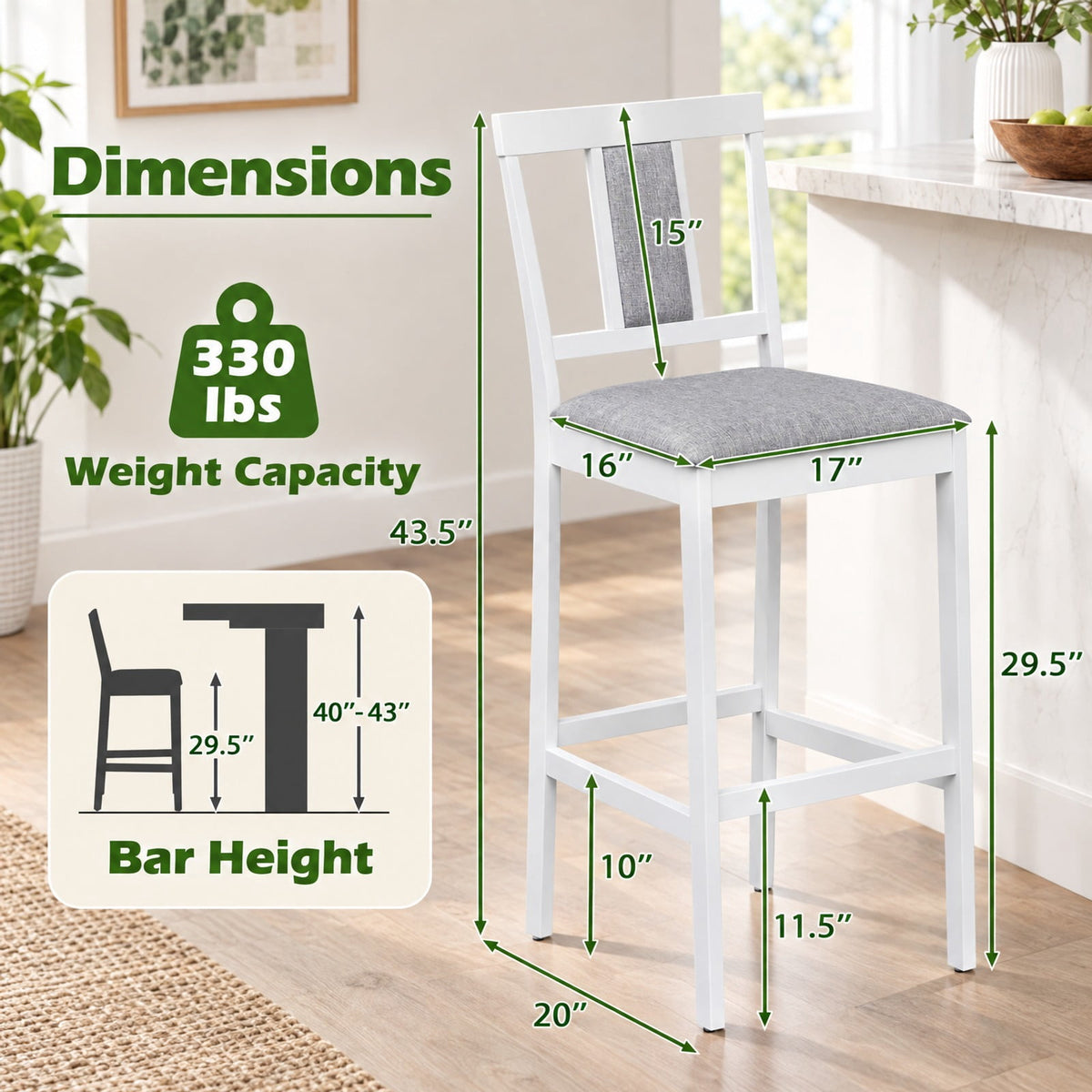 Airfind Set of 4 Upholstered Barstool 29.5 Inch Bar Height with Solid Rubber Wood Frame, 300 lbs Capacity, White