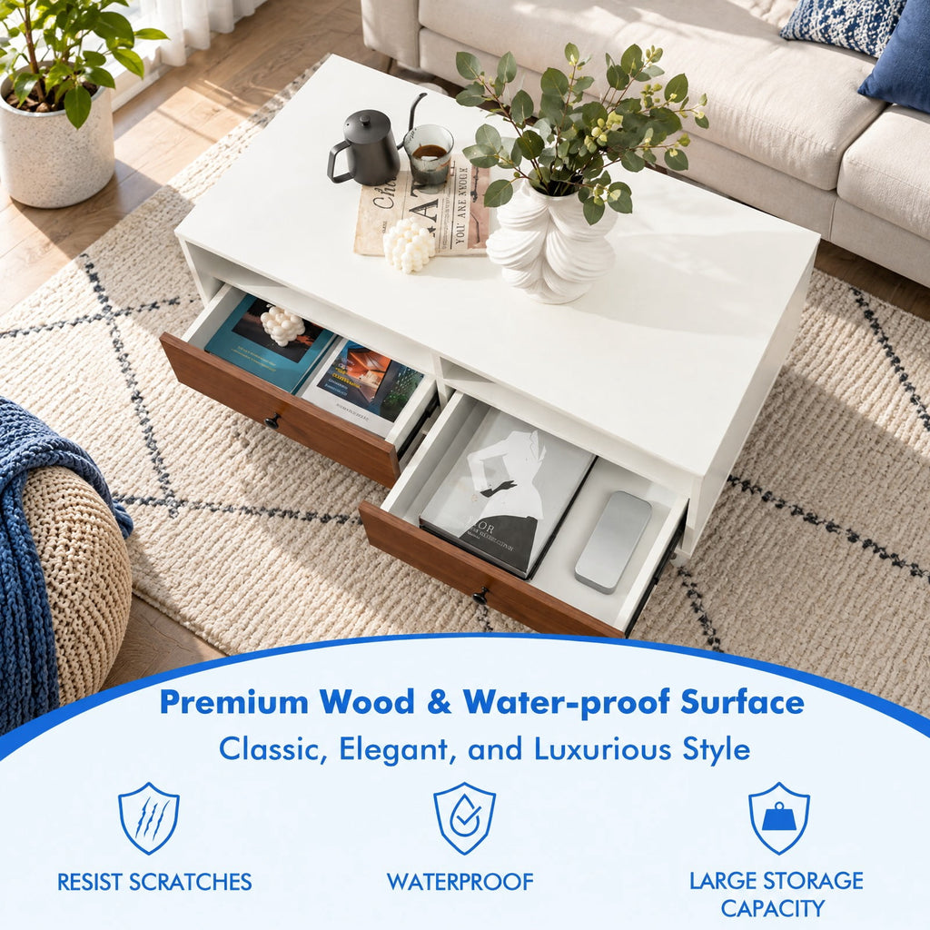 Airfind 2 Tier 40 Inch Length Modern Rectangle Coffee Table with Storage Shelf and Drawers, 200 lbs Capacity, Engineered Wood MDF Frame, White