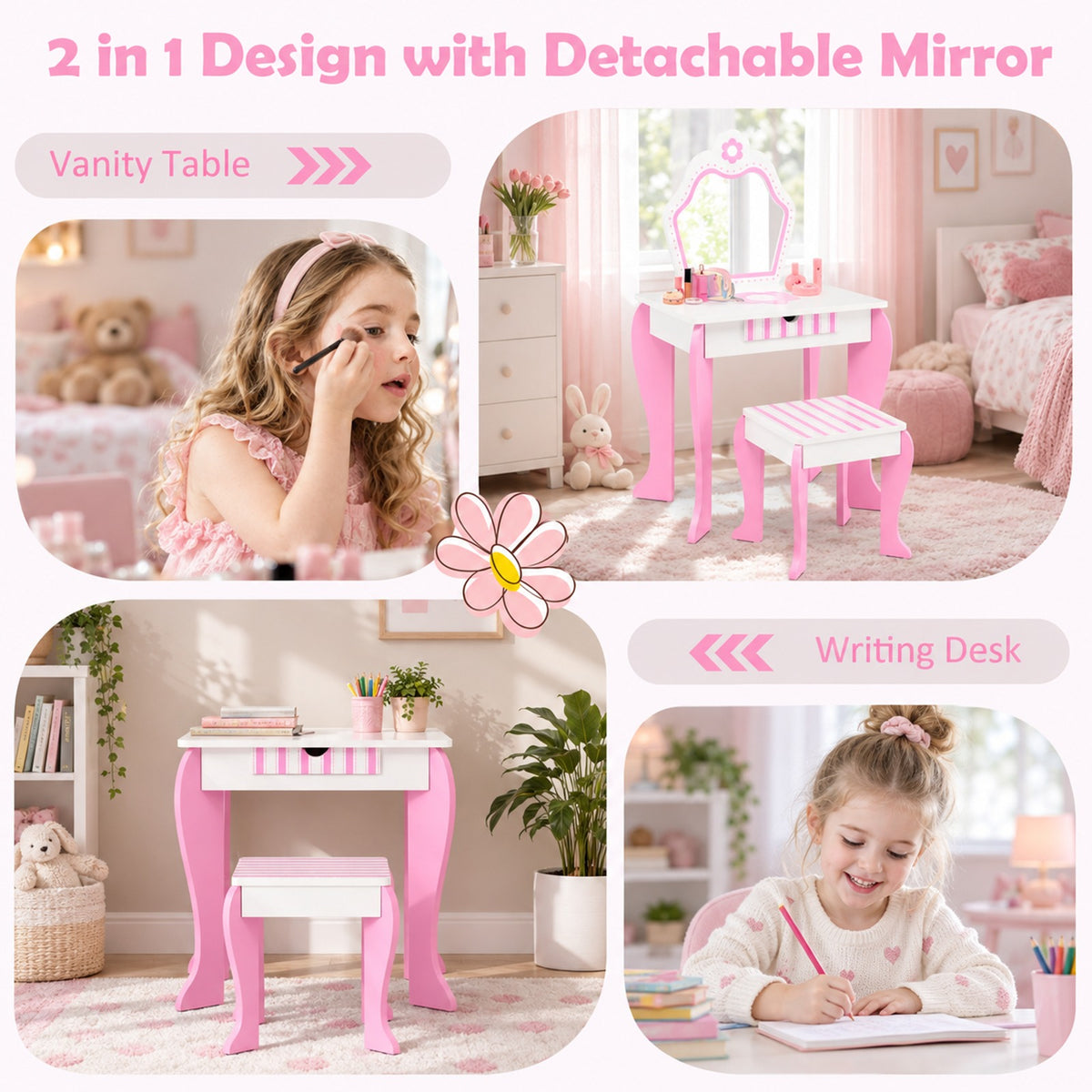 Airfind 2-in-1 Toddler Vanity Set with Detachable Top and Cute Flower Patterns, 66 lbs Capacity, MDF acrylic Frame, White