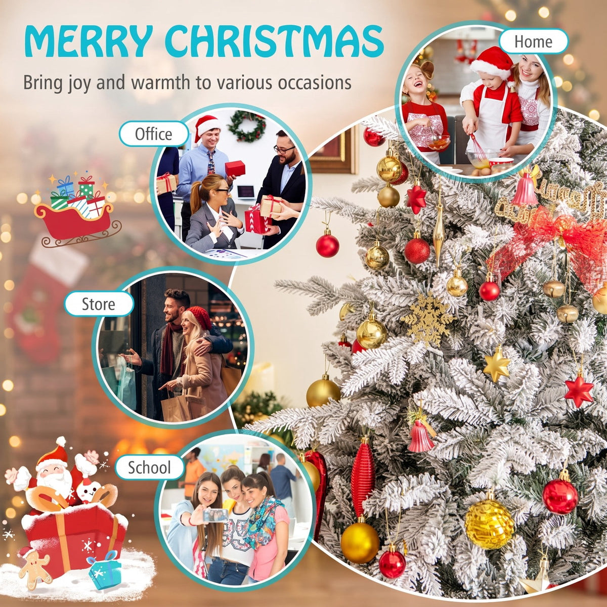 Airfind 7 Feet Flocked Christmas Tree with 8 Lighting Modes and Multi-Color LED Lights-7 ft, Green and White