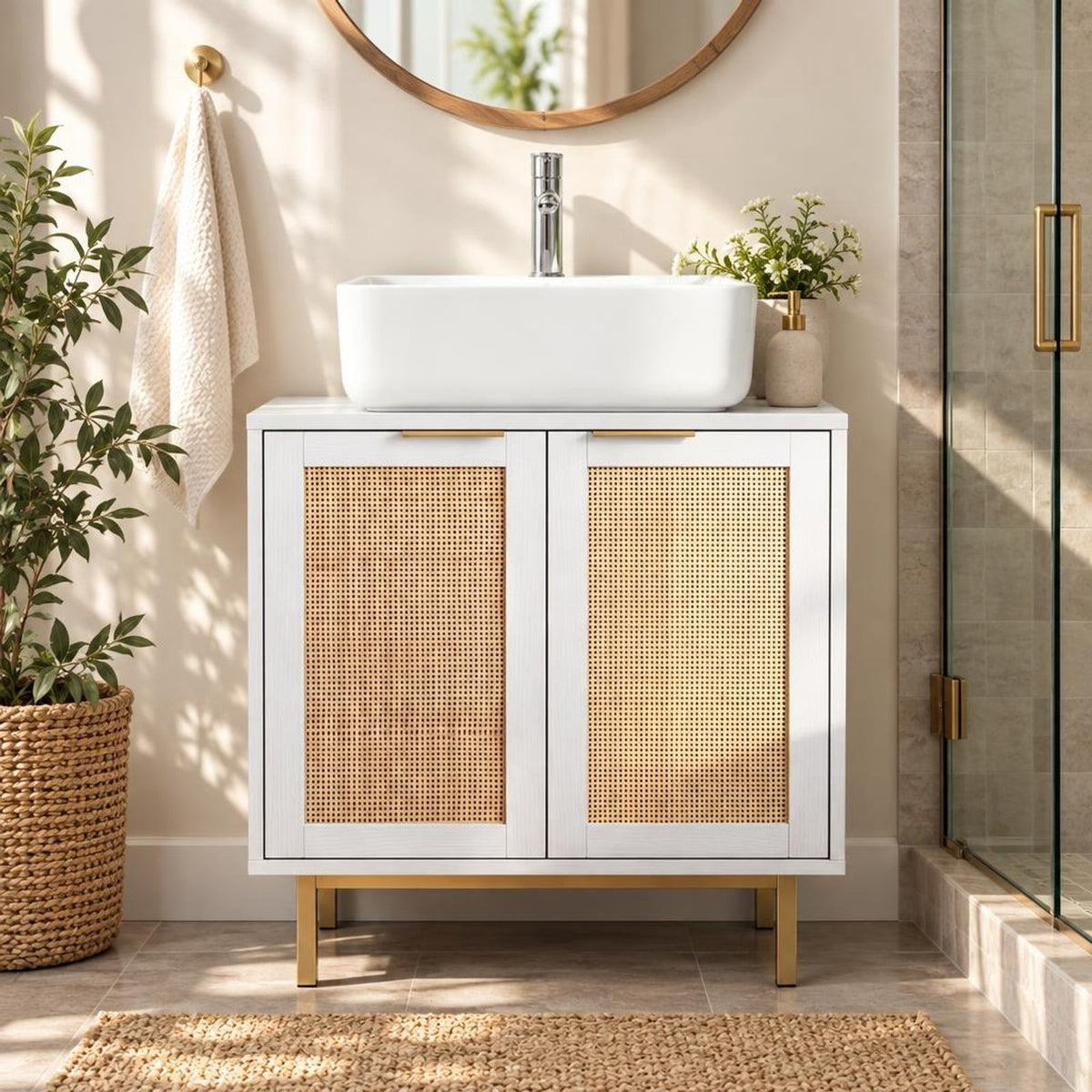 Airfind Bathroom Vanity Cabinet with U-Shaped Cut-Out 2 Rattan Doors and Shelf, 66 Lbs Capacity, Engineered Wood Metal Rattan, White