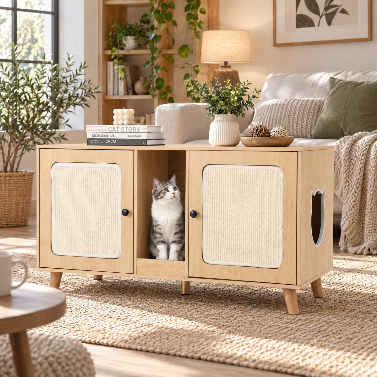 Airfind 43 Inches Cat Litter Box Enclosure with Double Rooms and 2 Sisal Scratching Mats, Engineered Board Frame, 43 x 20 x 24 Footprint, Natural