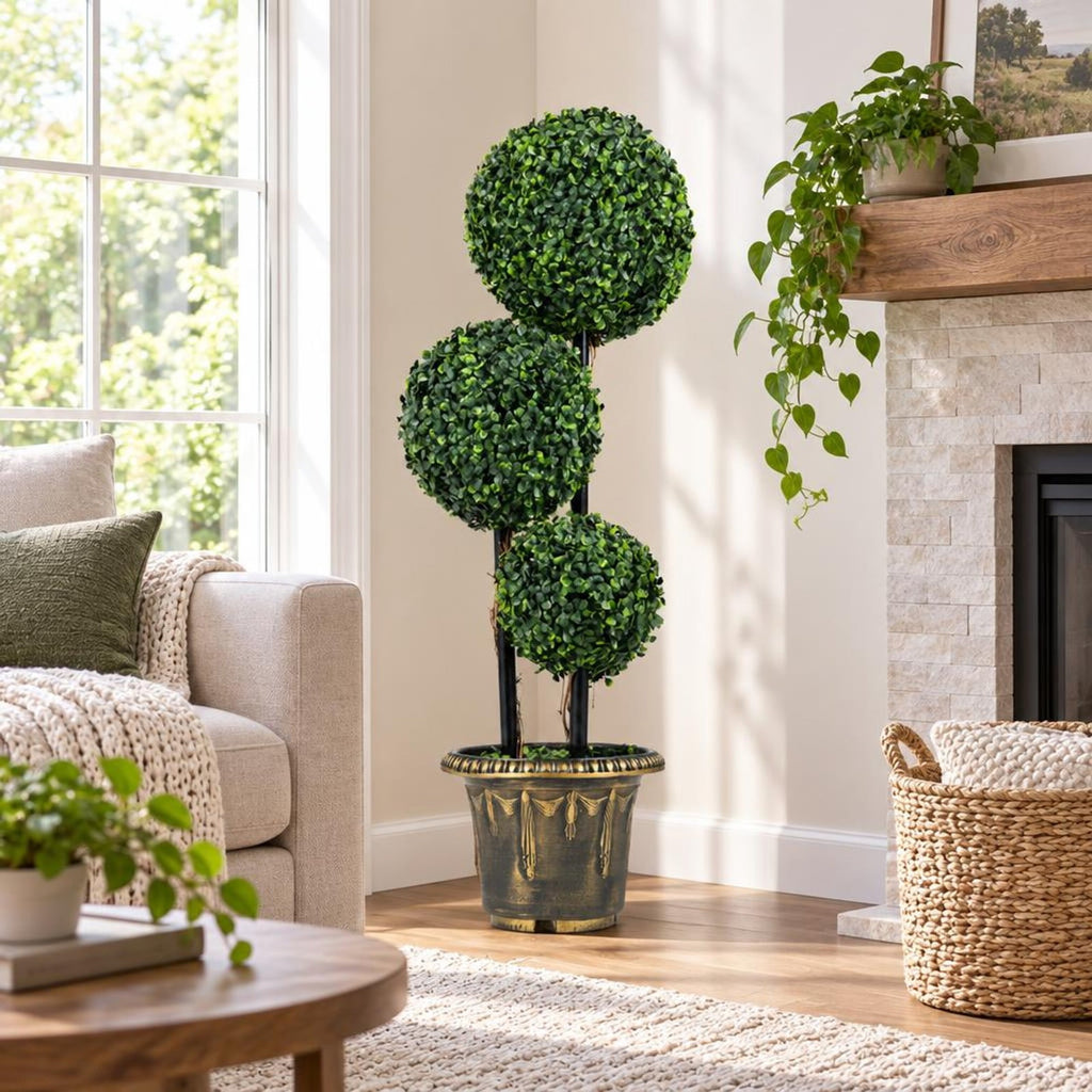 Airfind 35 Inches Artificial Boxwood Topiary Tree Triple Ball Shrubs, PE Metal Solid Wood Cement PP Tree Height 29 Inch /35 Inch Pot Frame