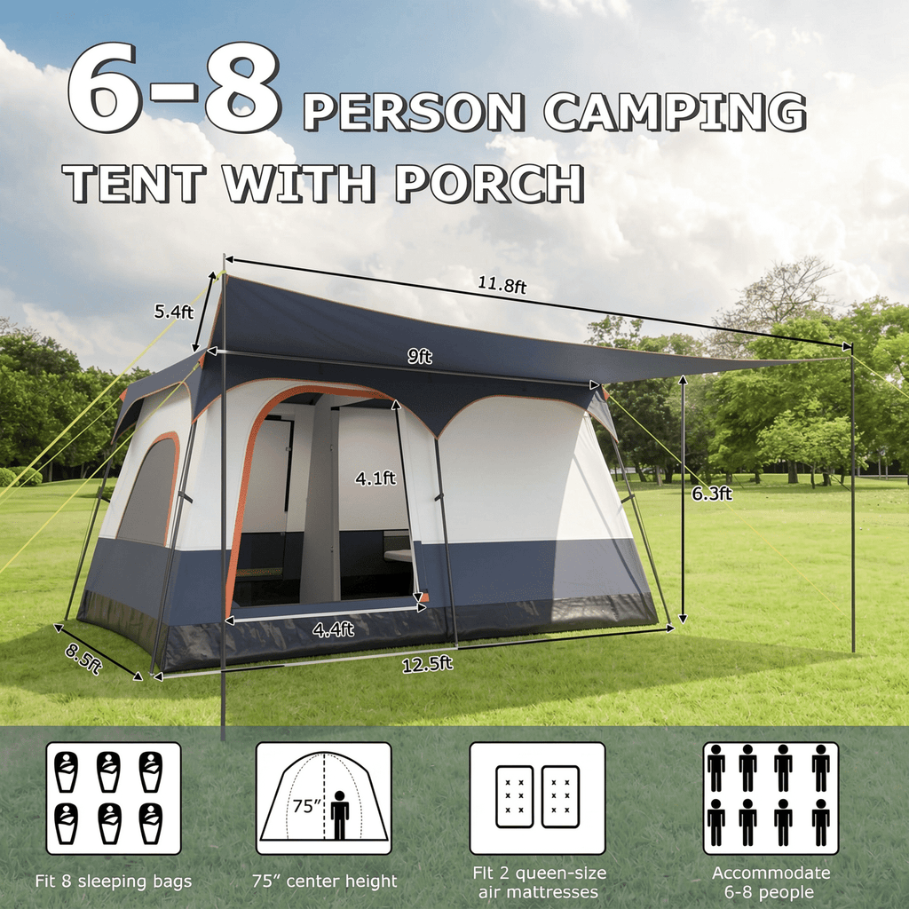 Airfind 6-8 Person Large Family Camping Tent with Porch, 2 Rooms and 2 Doors, Waterproof Cabin Tent with Skylight and Rainfly, Navy