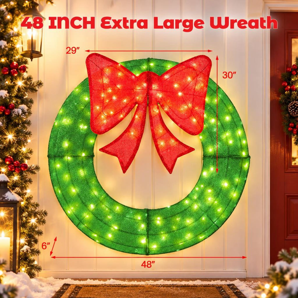 Airfind 48 Inch Pre-Lit Lighted Christmas Mesh Wreath with Bow and 200 LED Bulbs, Metal Mesh Fabric Frame, 29 x 30 Footprint, Green