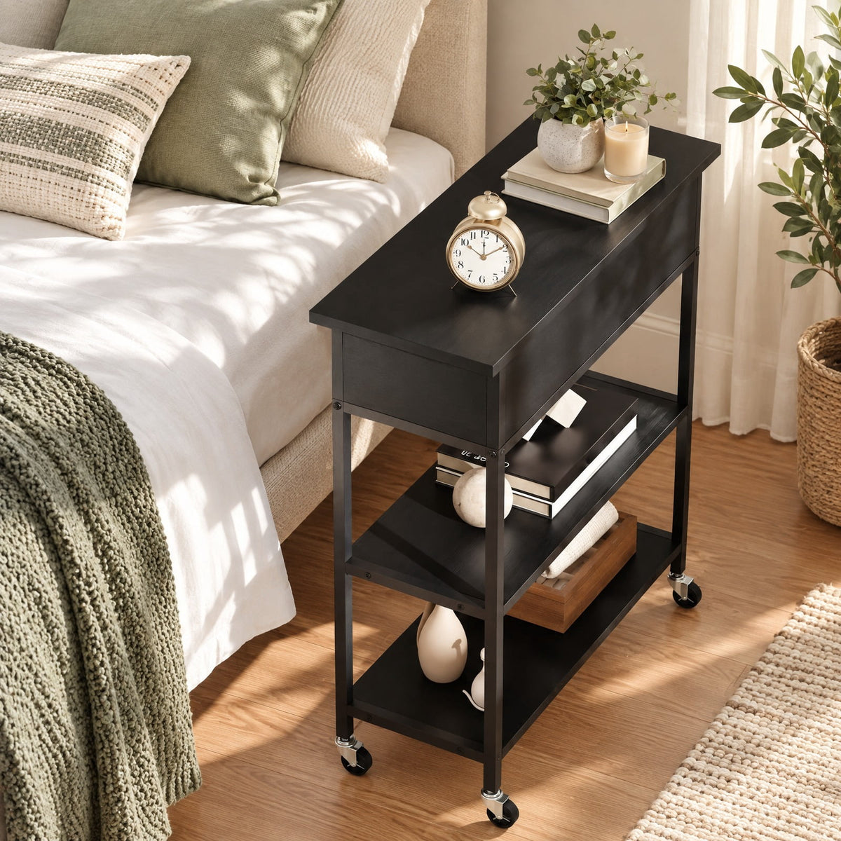 Airfind Lift Top End Table with Charging Station and Universal Wheels, 121 lbs Capacity, Engineered Wood Metal Frame, 24 x 9.5 x 25.5 Footprint
