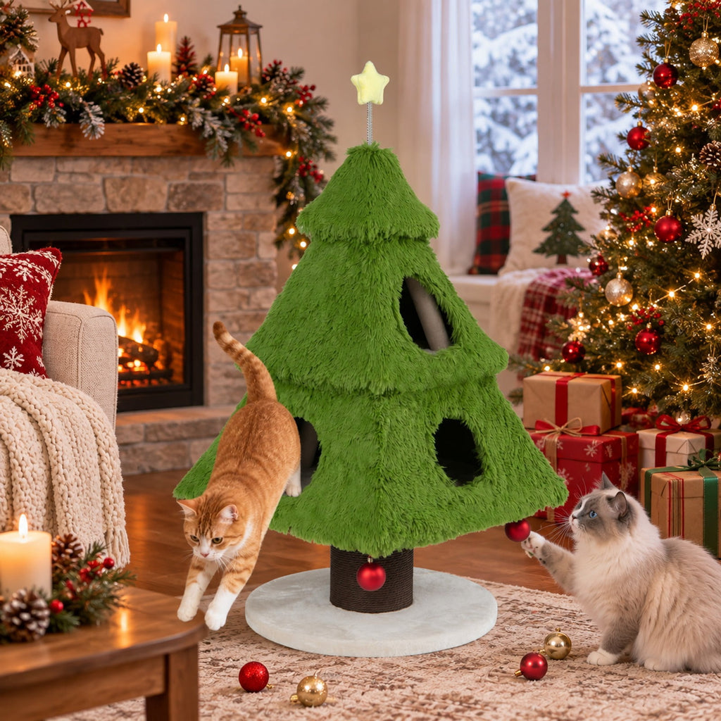 Airfind Christmas Cat Tree with Scratching Post and Dangling Balls for Indoor Cats, 33 lbs Capacity, Green