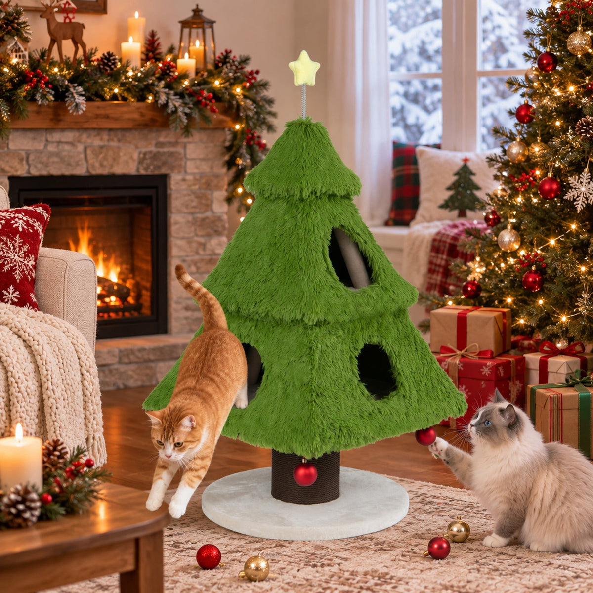 Airfind Christmas Cat Tree with Scratching Post and Dangling Balls for Indoor Cats, 33 lbs Capacity, Green