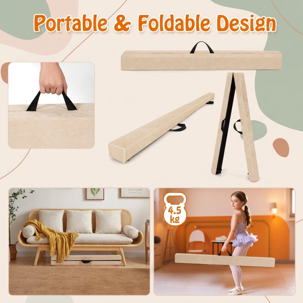 Airfind Folding Balance Beam with Solid Wood Base and Anti Slip Bottom for Kids Gymnastics Practice and Home Training, Beige