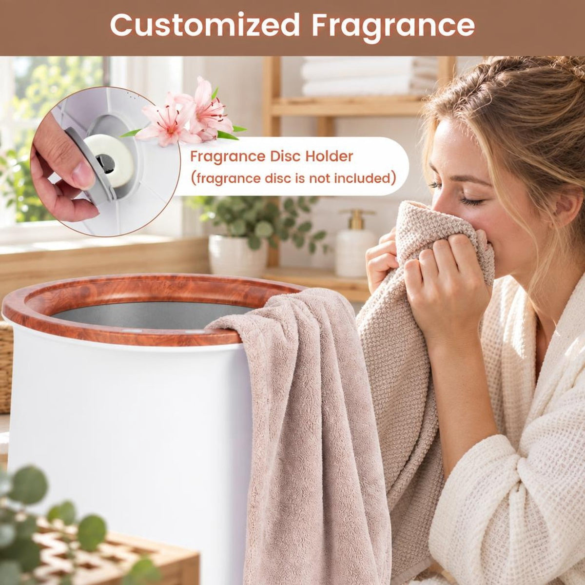 Airfind 23L Large Luxury Bucket-Style Towel Warmer with Fragrant Disc Holder, Plastic Frame, 13.5in x 21in (Dia. x H) Rated Footprint, Coffee