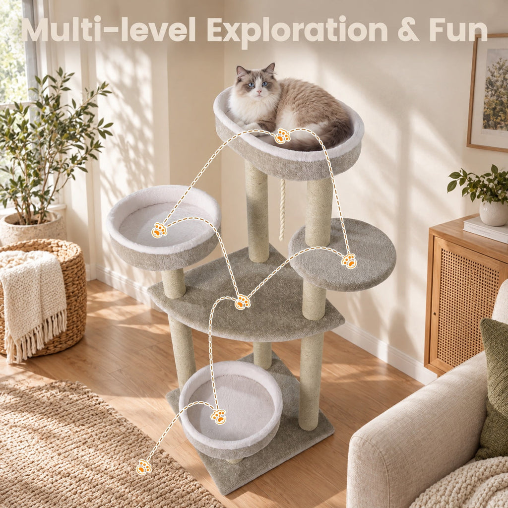 Airfind 51inCarpeted Cat Tree with Comfy Plush Perches for Indoor Cats, 33 lbs Capacity, Beige, Size 19.5in x 19.5in Top Perch