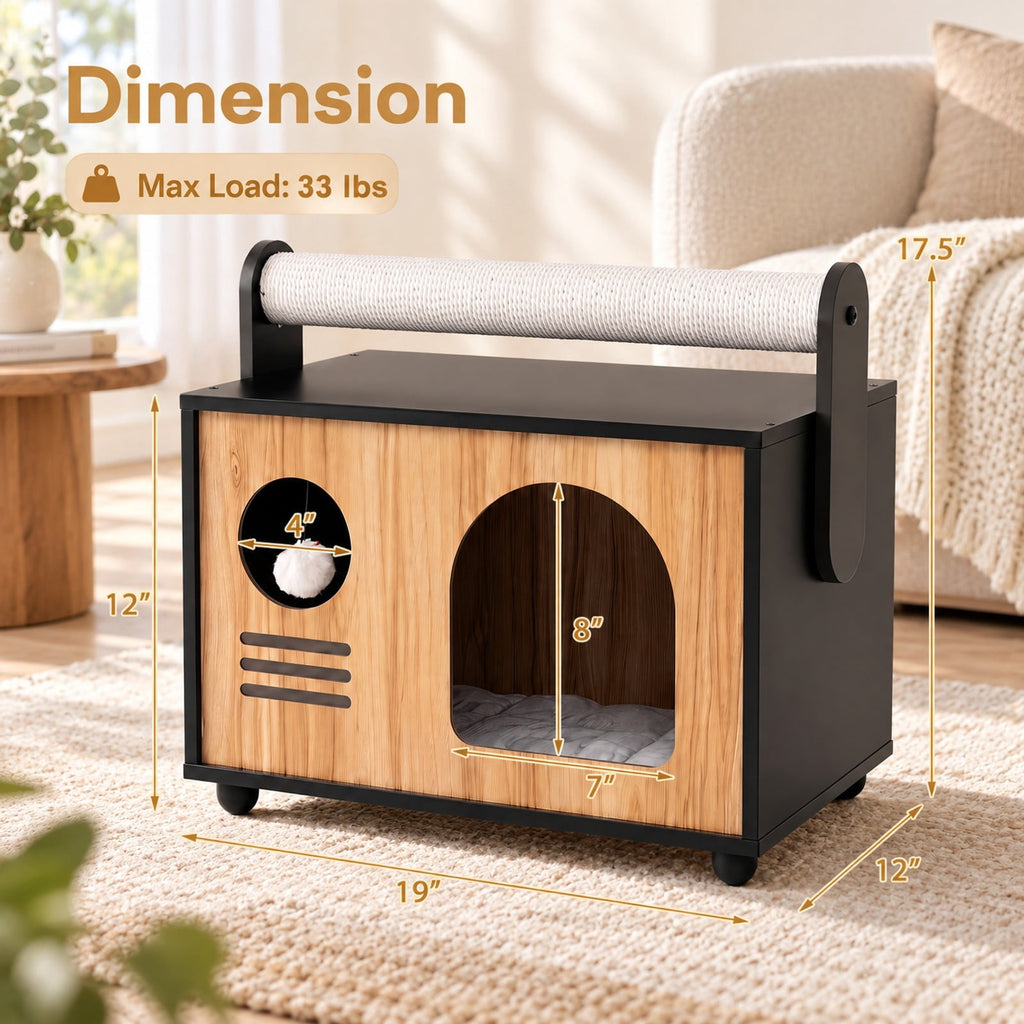 Airfind Wooden Cat House with Scratching Post, 33 lbs Capacity, Engineered Wood Frame, 19 Inch x 12 Inch x 17.5 Inch Height of Cat House 12 Inch Footprint, Black