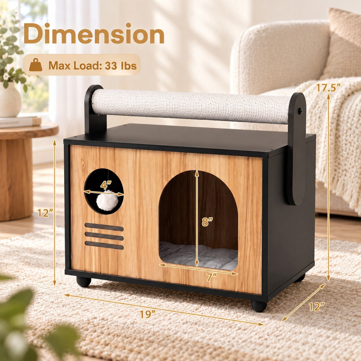 Airfind Wooden Cat House with Scratching Post, 33 lbs Capacity, Engineered Wood Frame, 19 Inch x 12 Inch x 17.5 Inch Height of Cat House 12 Inch Footprint, Black