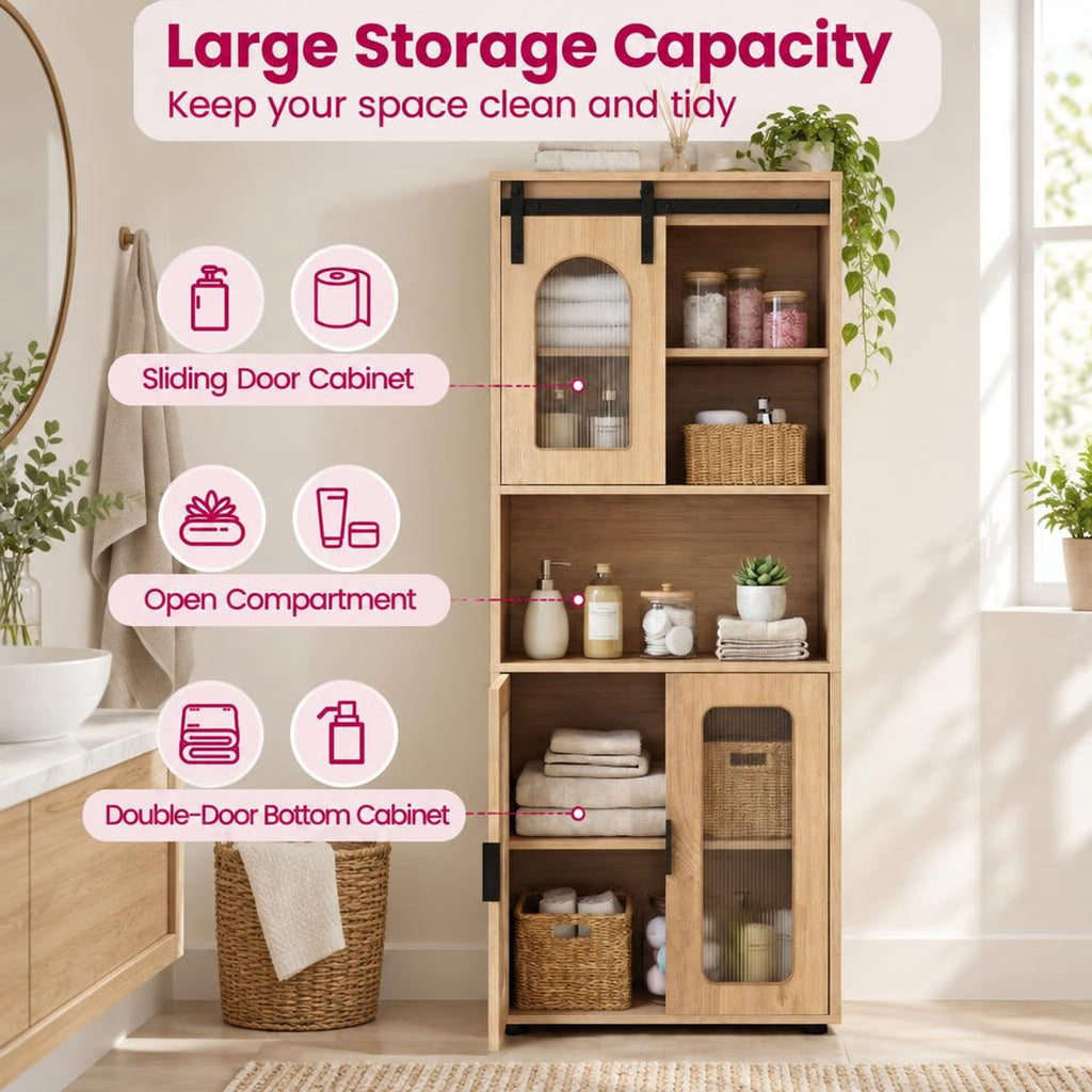 Airfind Farmhouse Bathroom Floor Cabinet with Sliding Barn Door, 44 Lbs Capacity, Engineered Wood, 23.5 Inch X 12 Inch X 59 Inch, Natural