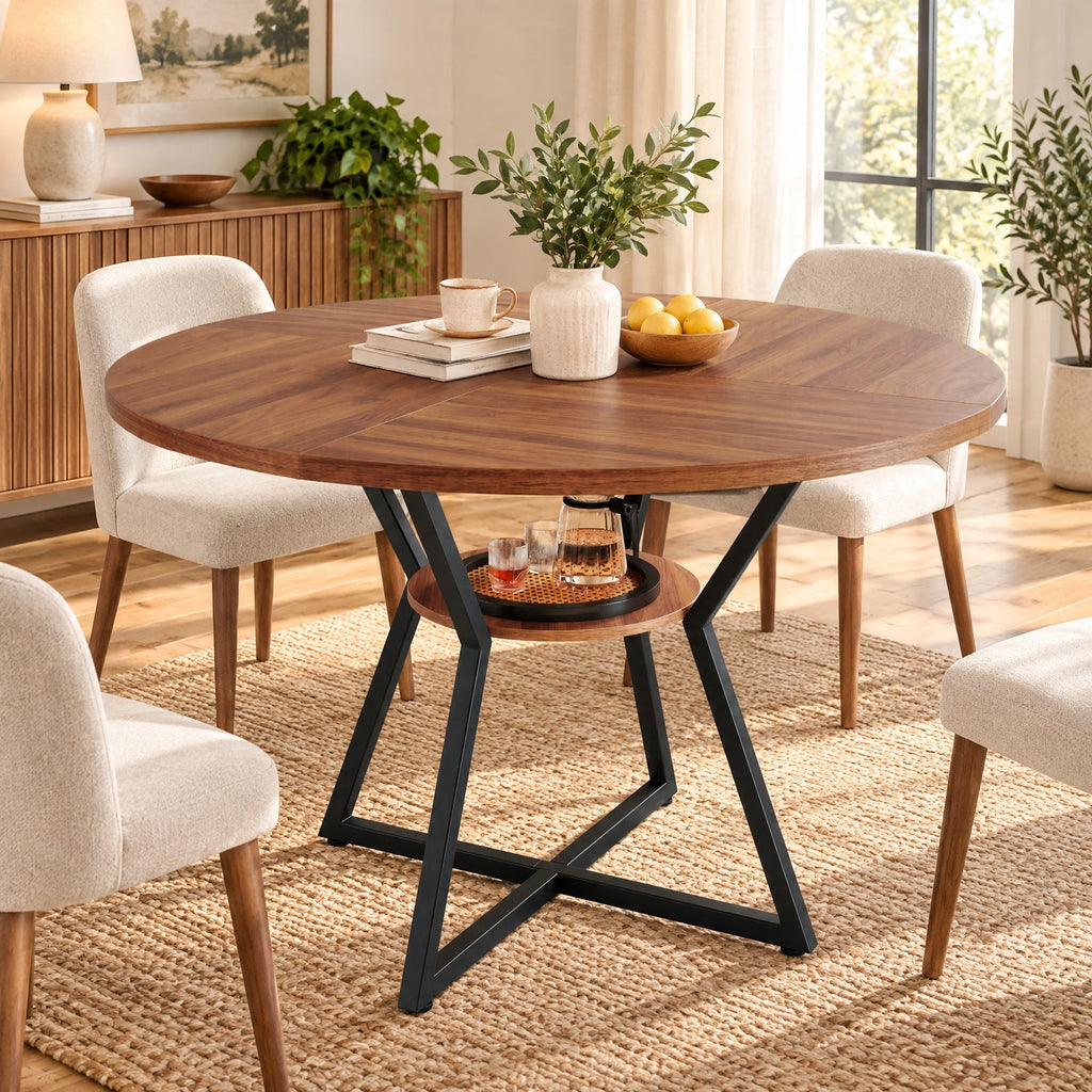 Airfind 47in Round Dining Table for 4 with Storage Shelf, 200 lbs Capacity, MDF Metal Frame, 47in x 30in Footprint, Brown