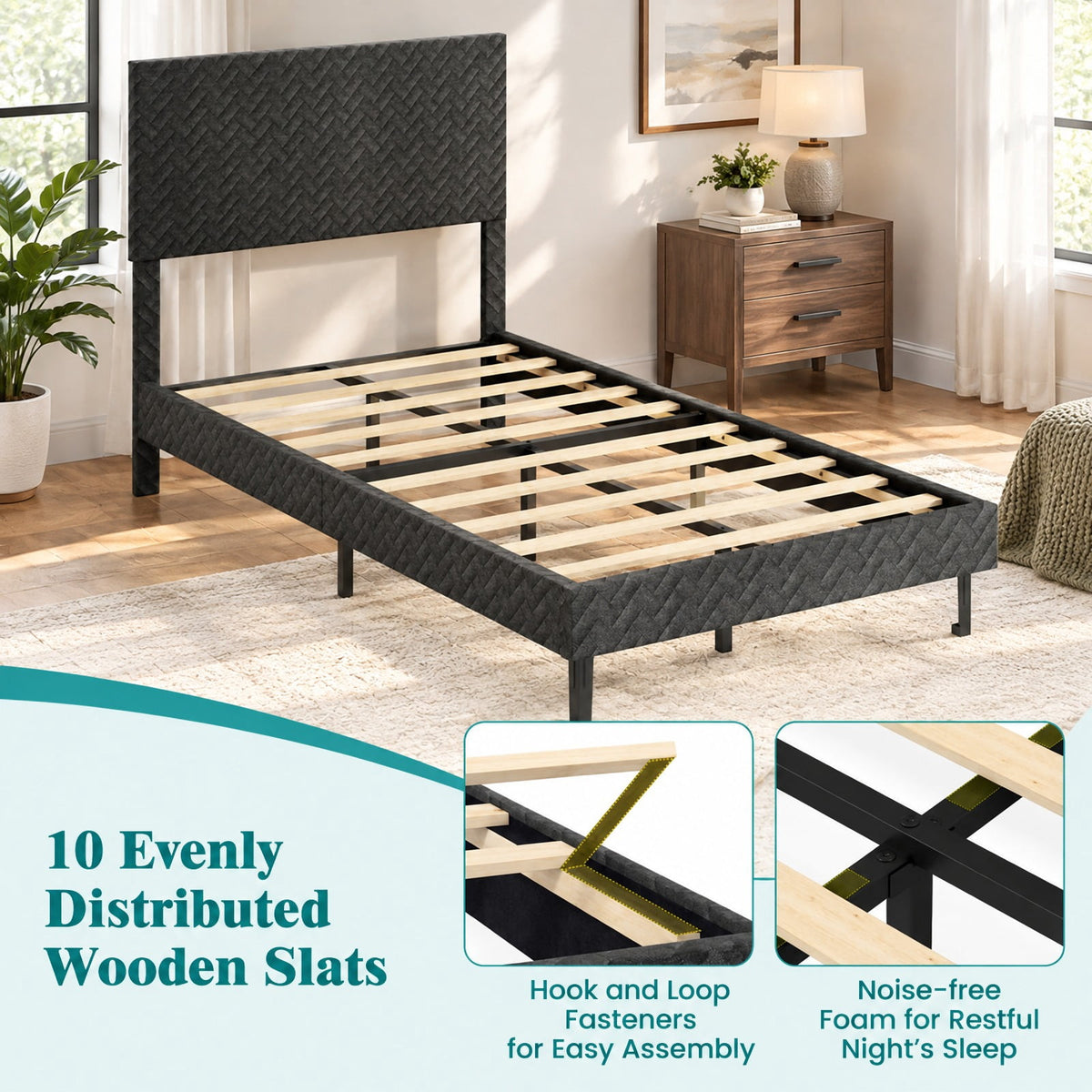 Airfind Twin/Full/Queen Size Velvet Bed Frame Upholstered Platform Bed with Chevron Headboard Gray, 500 lbs Capacity, Velvet Frame, Gray
