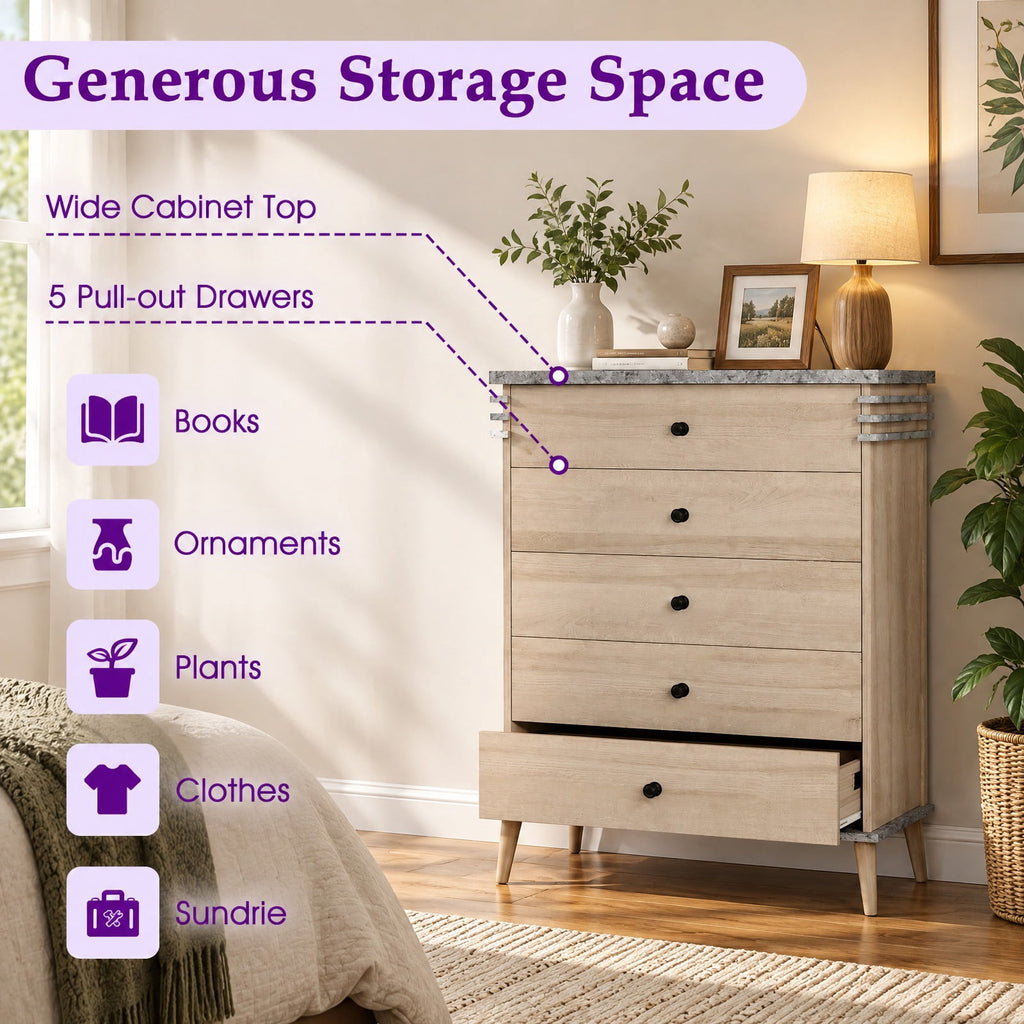 Airfind Farmhouse Chest Dresser of Drawers Tall Storage Organizer, 176 lbs Capacity, Engineered Wood MDF Rubber Wood Metal Frame, Grey
