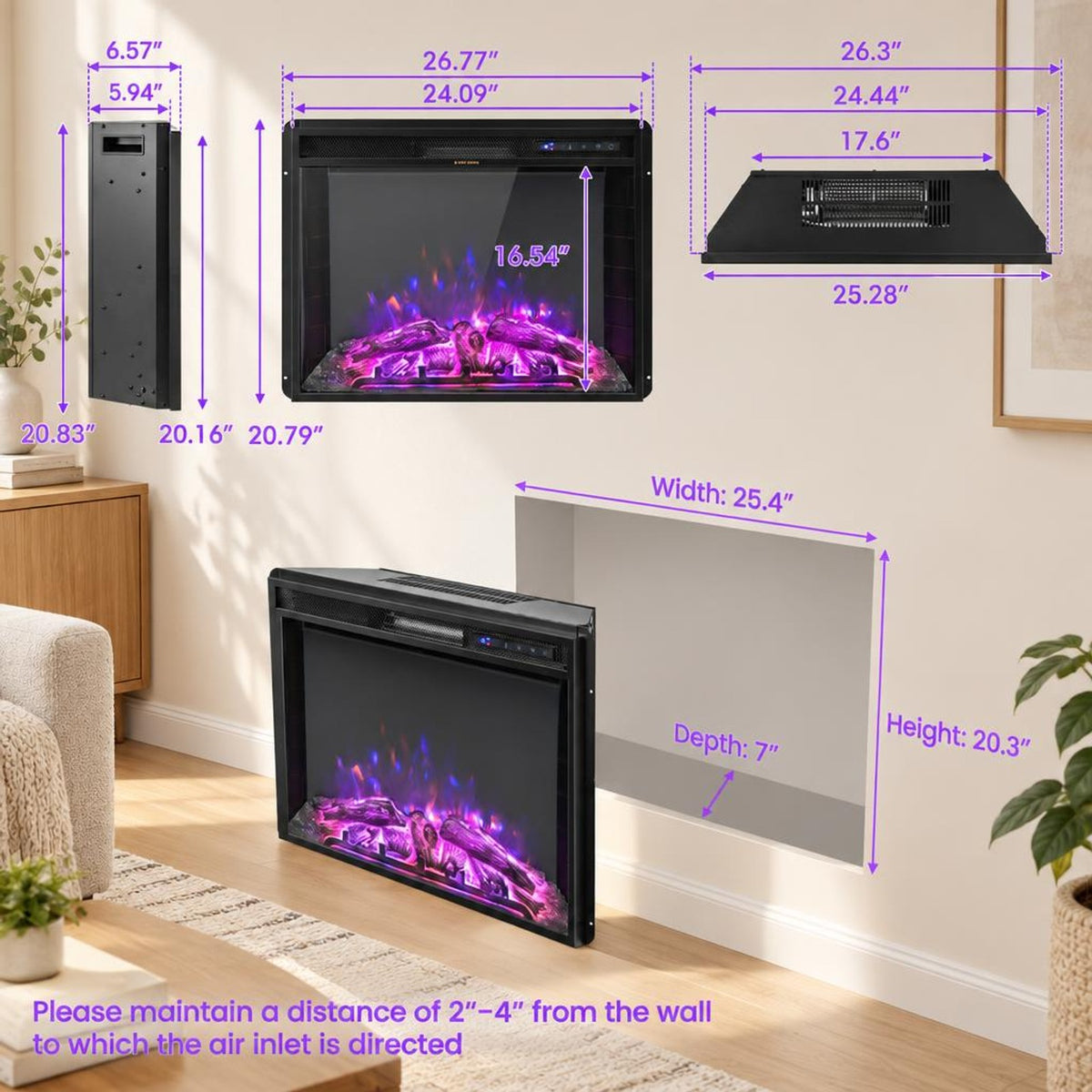 Airfind 26 Inch Recessed Electric Fireplace with Adjustable Flame Brightness, Metal Resin Tempered Glass Frame, Black