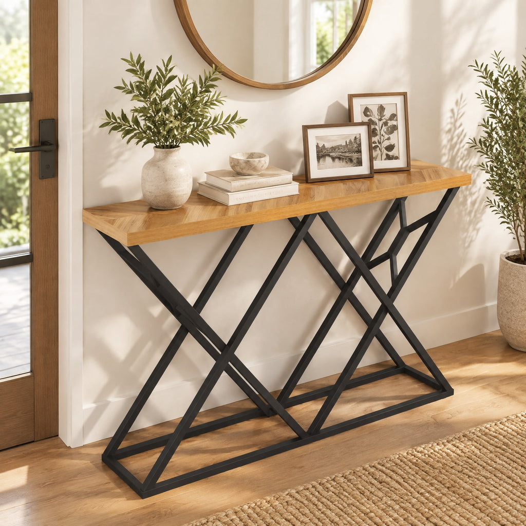 Airfind 55 Inch Console Table with Solid Metal Frame and Storage, 165 lbs Capacity, 55 Inch x 12 Inch x 36 Inch Footprint, Wood