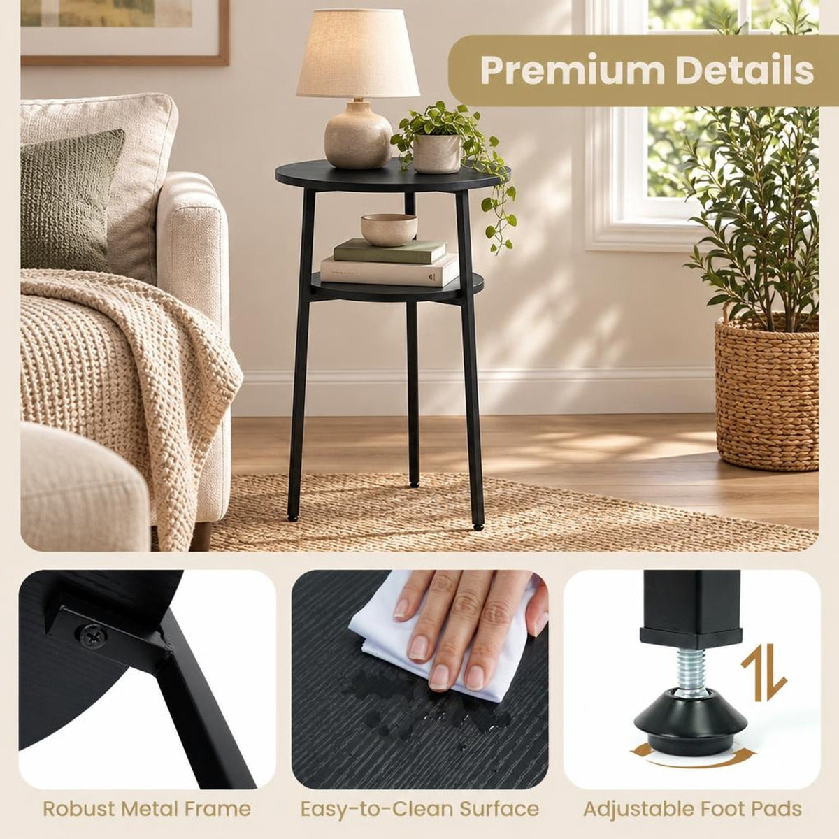Airfind Side Table, Round, with Storage Shelf and Metal Frame for Living Room, of Tabletop 90 lbs Capacity, Engineered Wood Metal Frame, Black