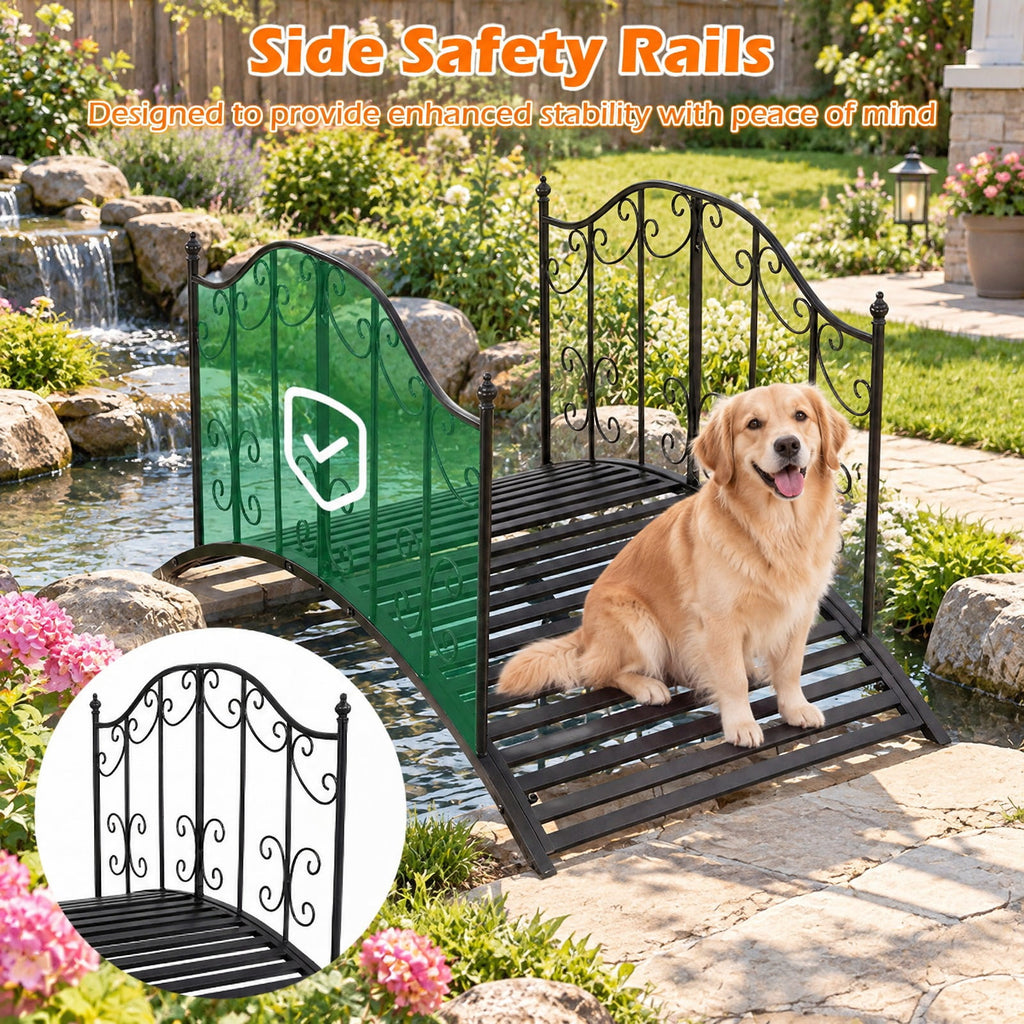 Airfind 3.9 ft Garden Metal Bridge with Dual Patterned Side Rails, 330 lbs Capacity, Metal Frame, 47 Inch x 27 Inch x 28 Inch Footprint, Black