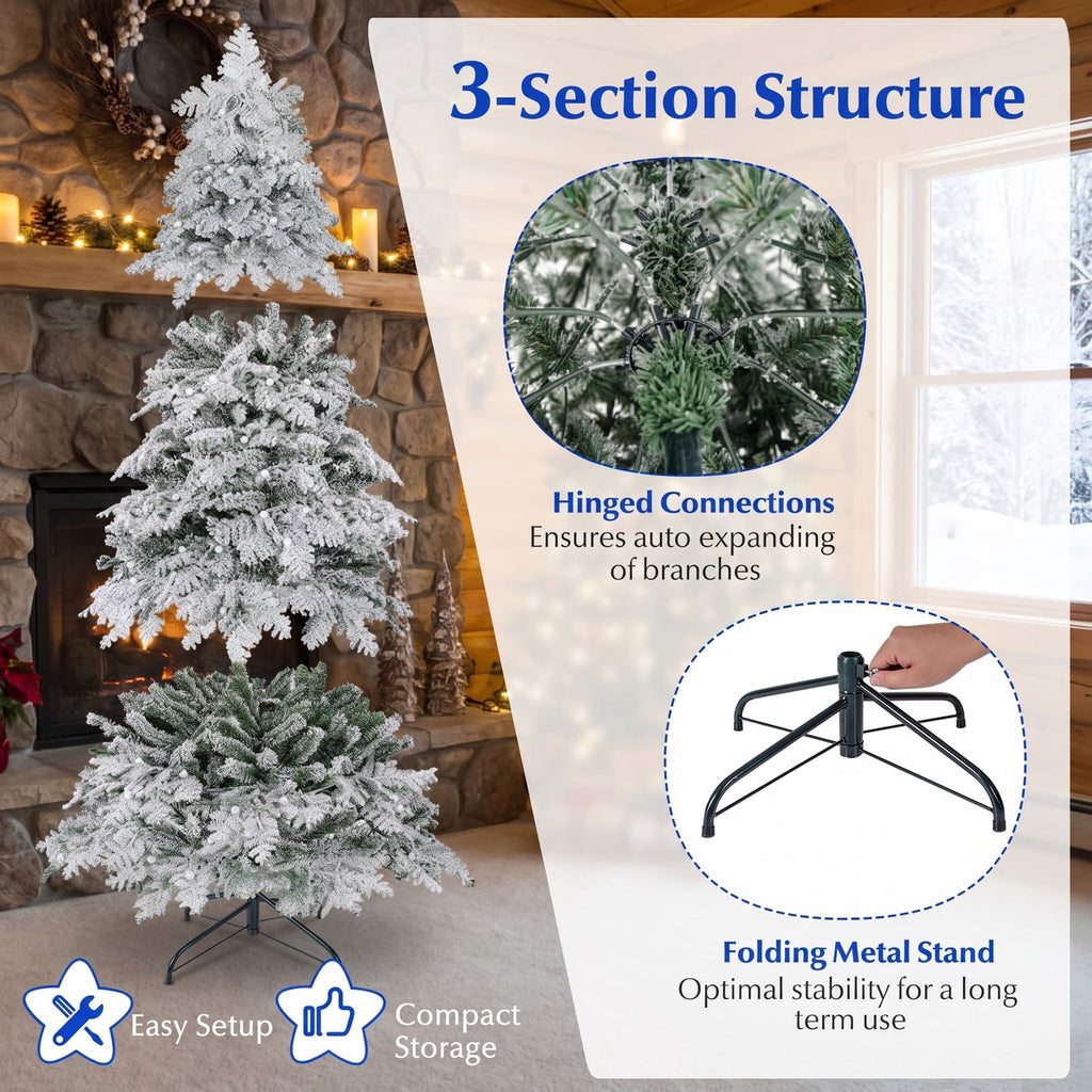 Airfind 6/7 Feet Artificial Snow-flocked Christmas Tree Pre-lit Hinged Xmas Tree with 130 Twinkle Balls-6 Feet, Green and White