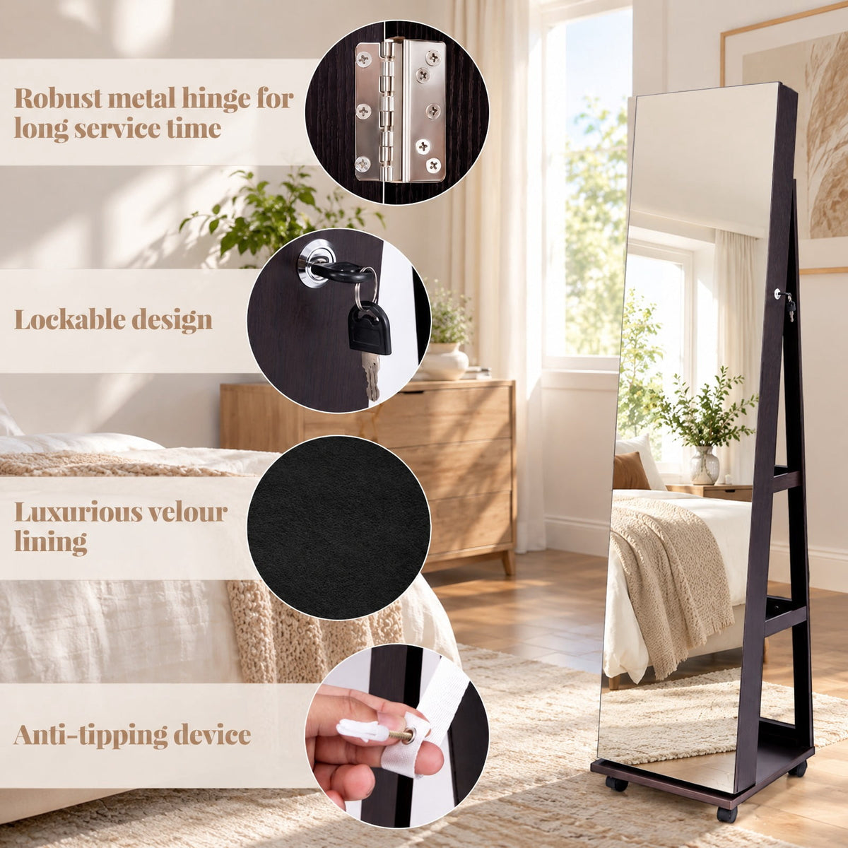 Airfind 64 Inches Lockable Jewelry Cabinet Armoire with Built-in Makeup Mirror, MDF Glass Acrylic Frame, 15.5in x 15in x 64in Full-Length Footprint