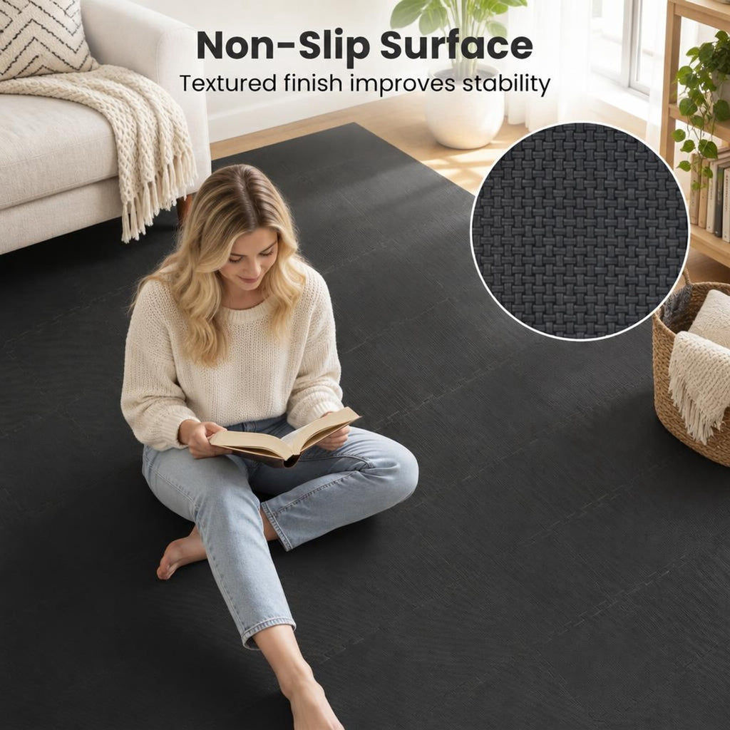 Airfind 18 Pack Interlocking EVA Foam Floor Tiles with Boarders, EVA Foam Frame, 72 Inch x 37 Inch x 0.4 Inch Footprint, Black