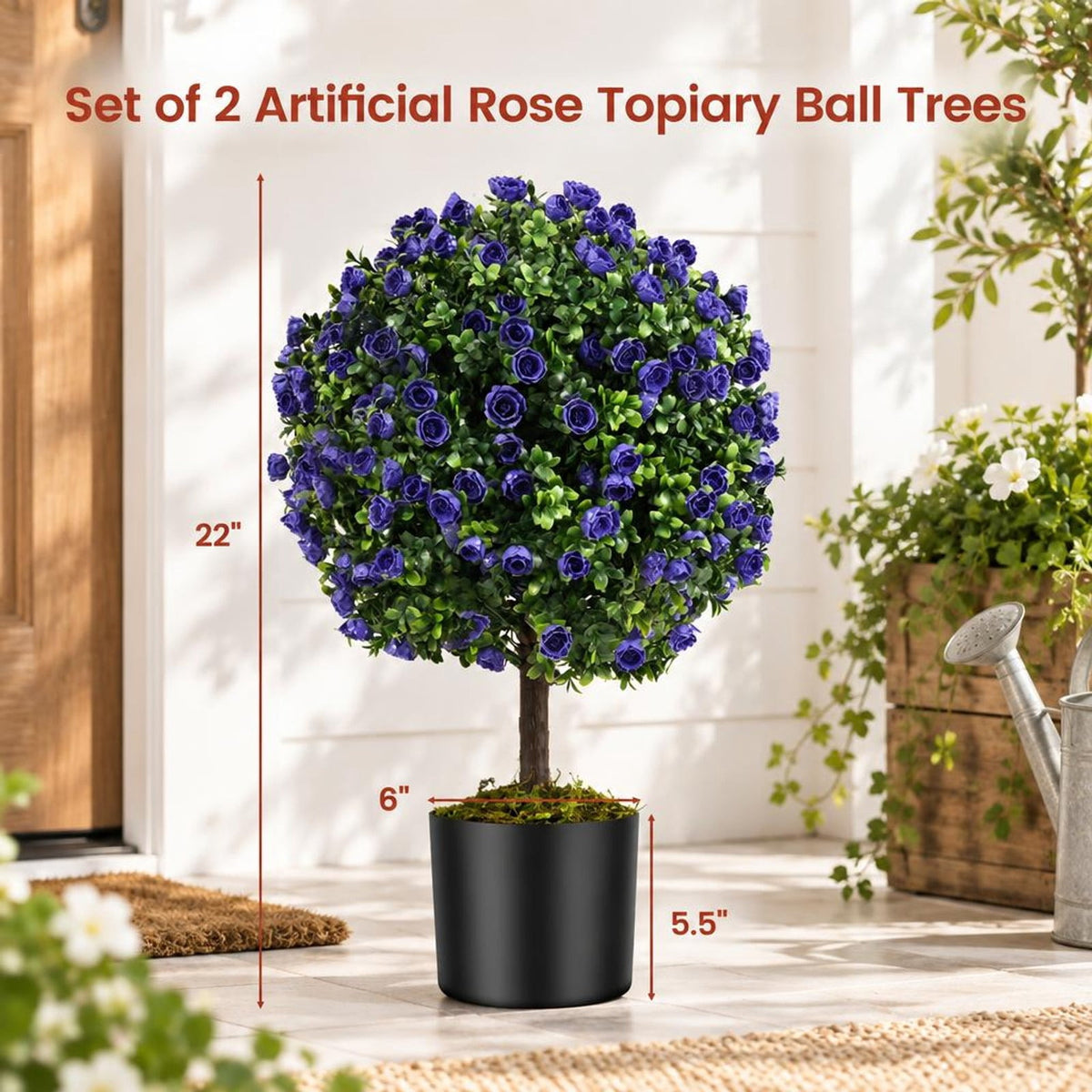 Airfind 22 Inch Set of 2 Artificial Purple Rose Topiary Ball Trees with Cement-Filled Pot, PE PP Cement Overall Height 22 Inch, Purple
