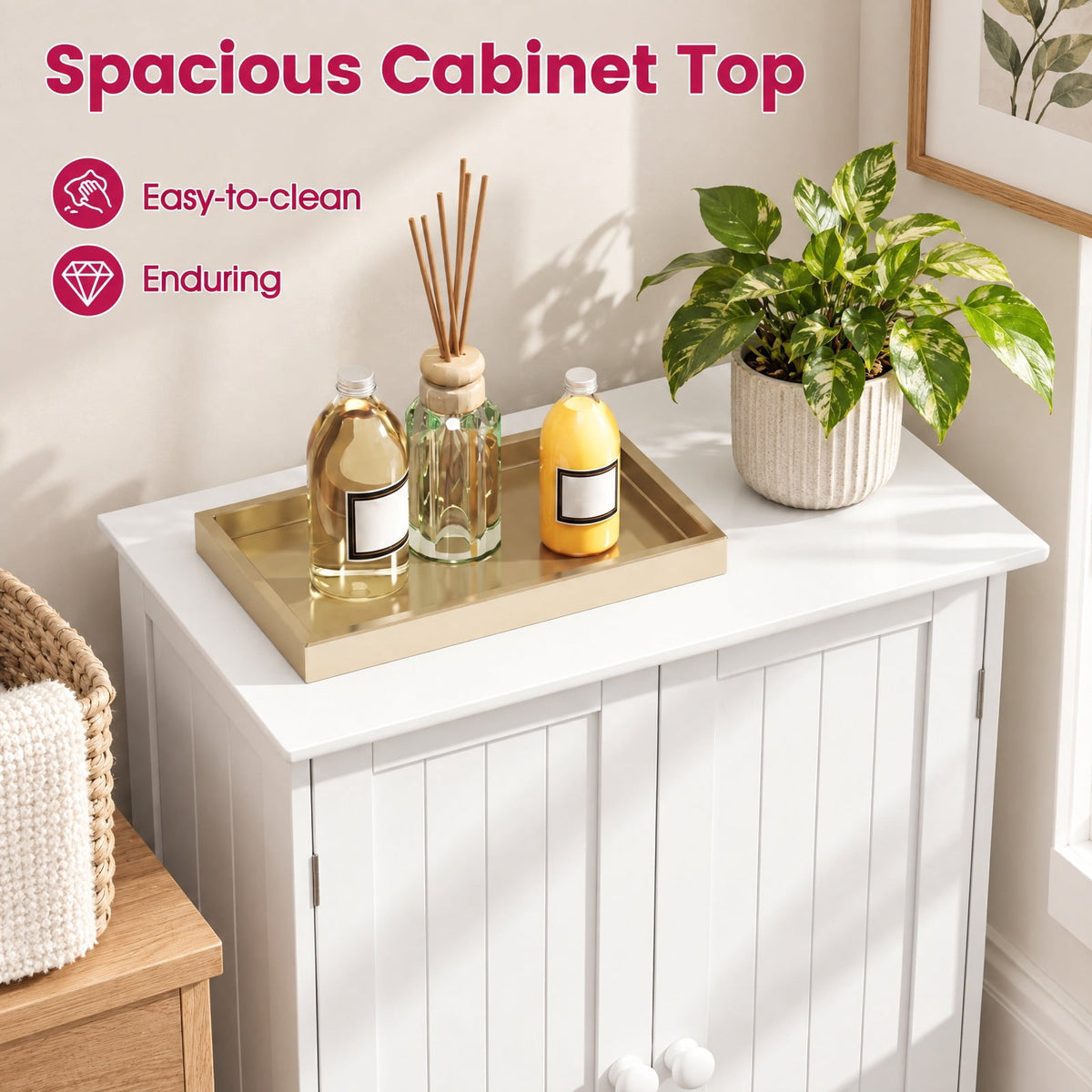 Airfind Bathroom Floor Storage Double Door Cupboard Cabinet, 22 lbs Capacity, MDF Frame, 24in x 14in x 34.5in Footprint, White