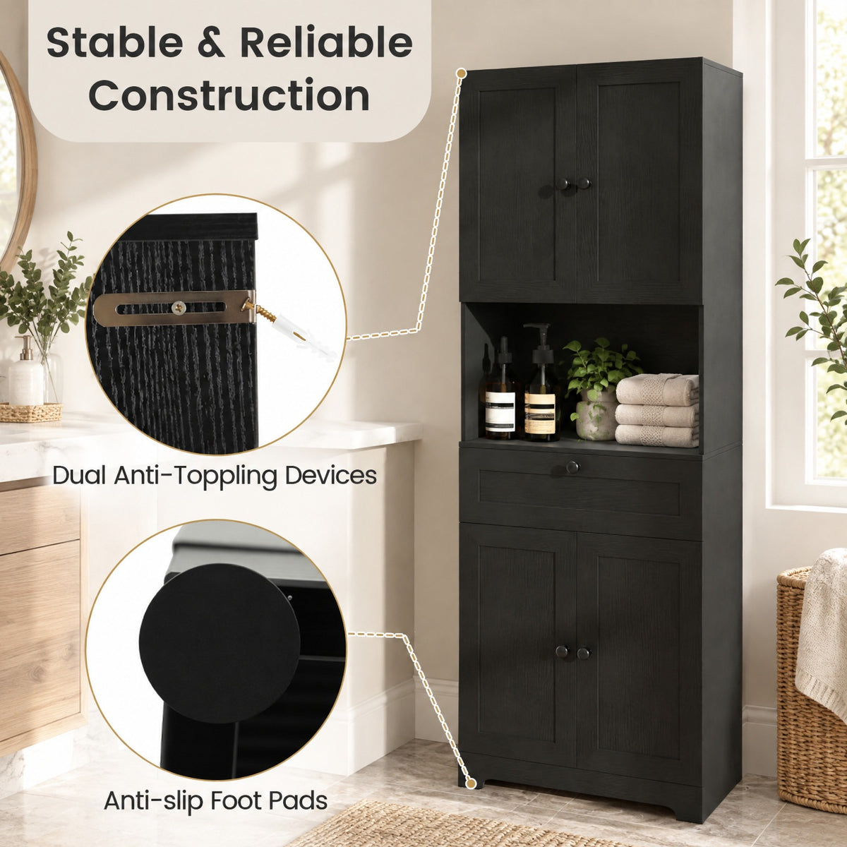 Airfind 67.5 Inch Tall Modern Freestanding Floor Storage Cabinet with 4 Doors and 1 Drawer, 243 lbs Capacity, MDF Engineered Wood Frame, Black