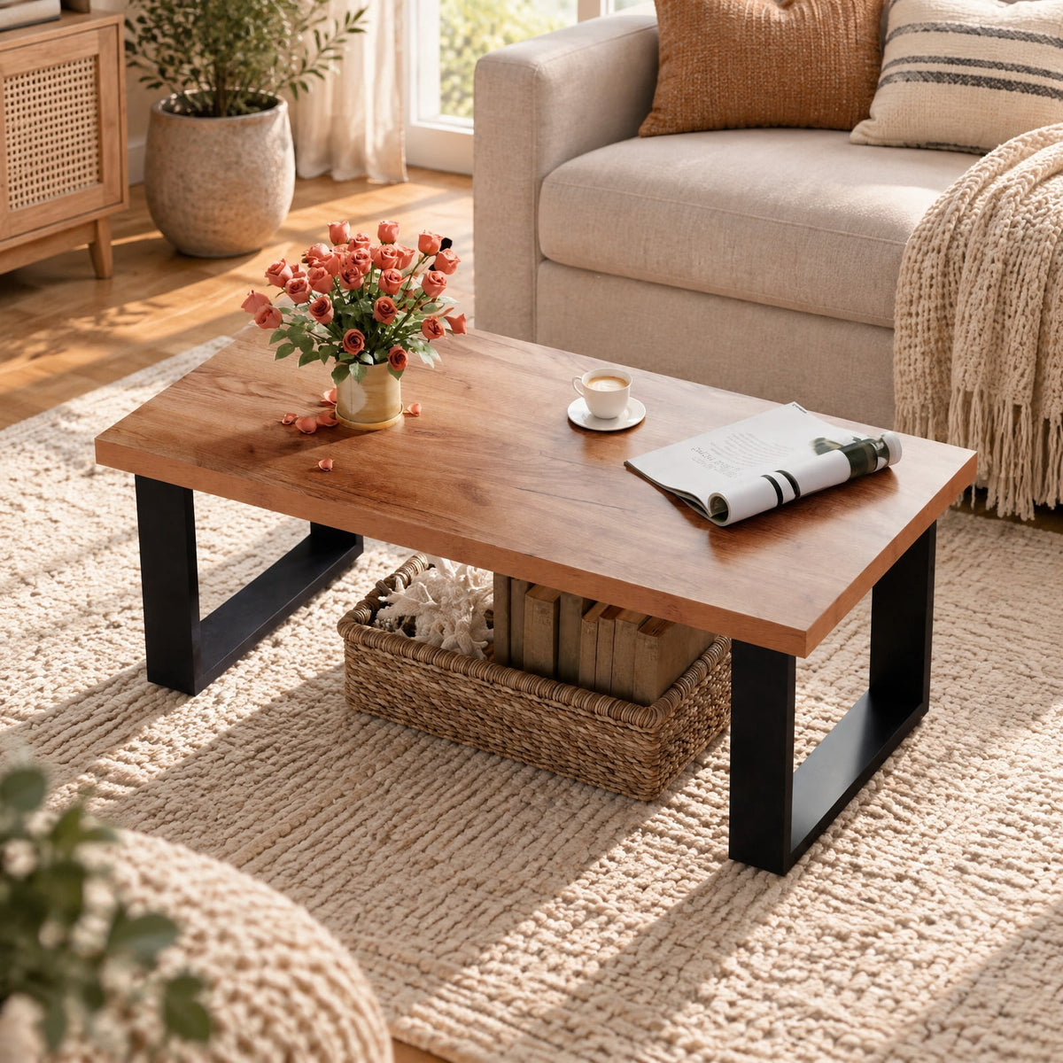 Airfind 47 inch Farmhouse Style Rustic Coffee Table with Thickened Tabletop and Natural Wood Texture, 176 lbs Capacity, Engineered Wood Frame, Oak