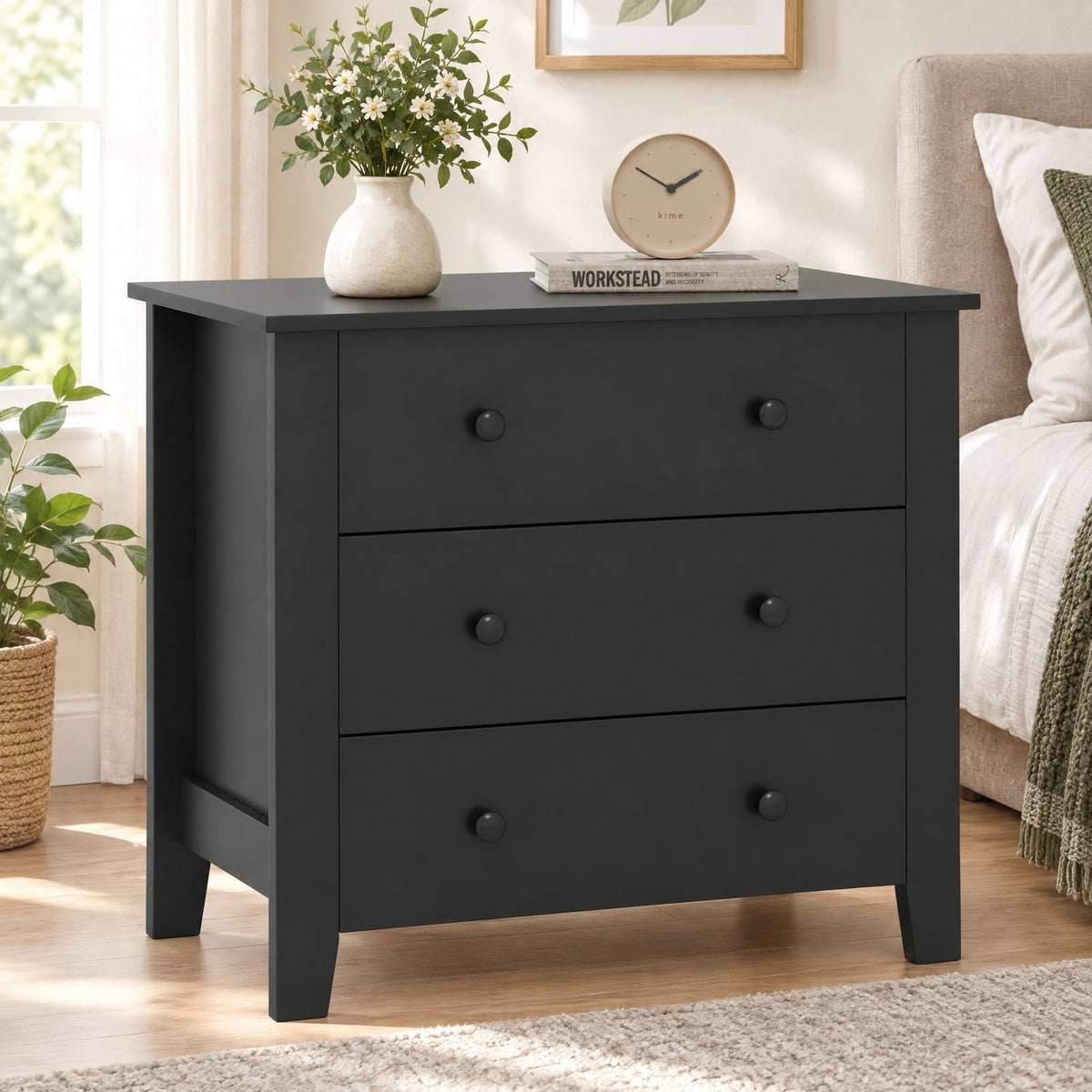 Airfind 3 Drawer Dresser Chest of Drawers Bedside Table-Black Wood Grain, MDF Frame, 28in x 18in x 26in Footprint, Dark Brown